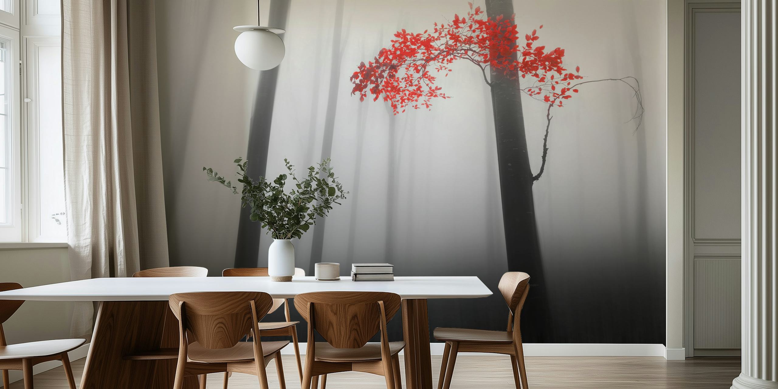 Monochrome trees with vibrant red leaves wallpaper