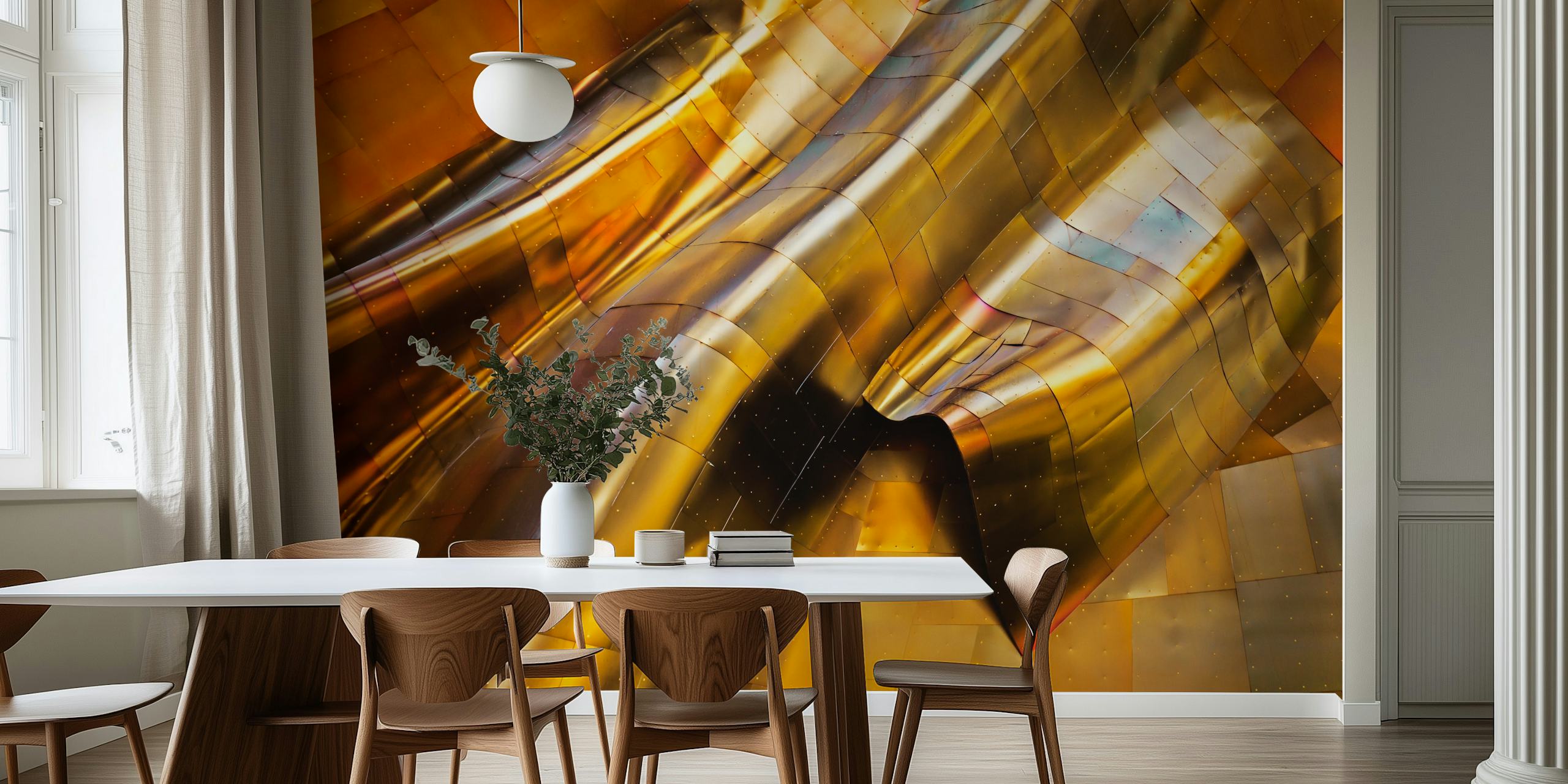 Metallic gold abstract wallpaper with shiny, wavy patterns