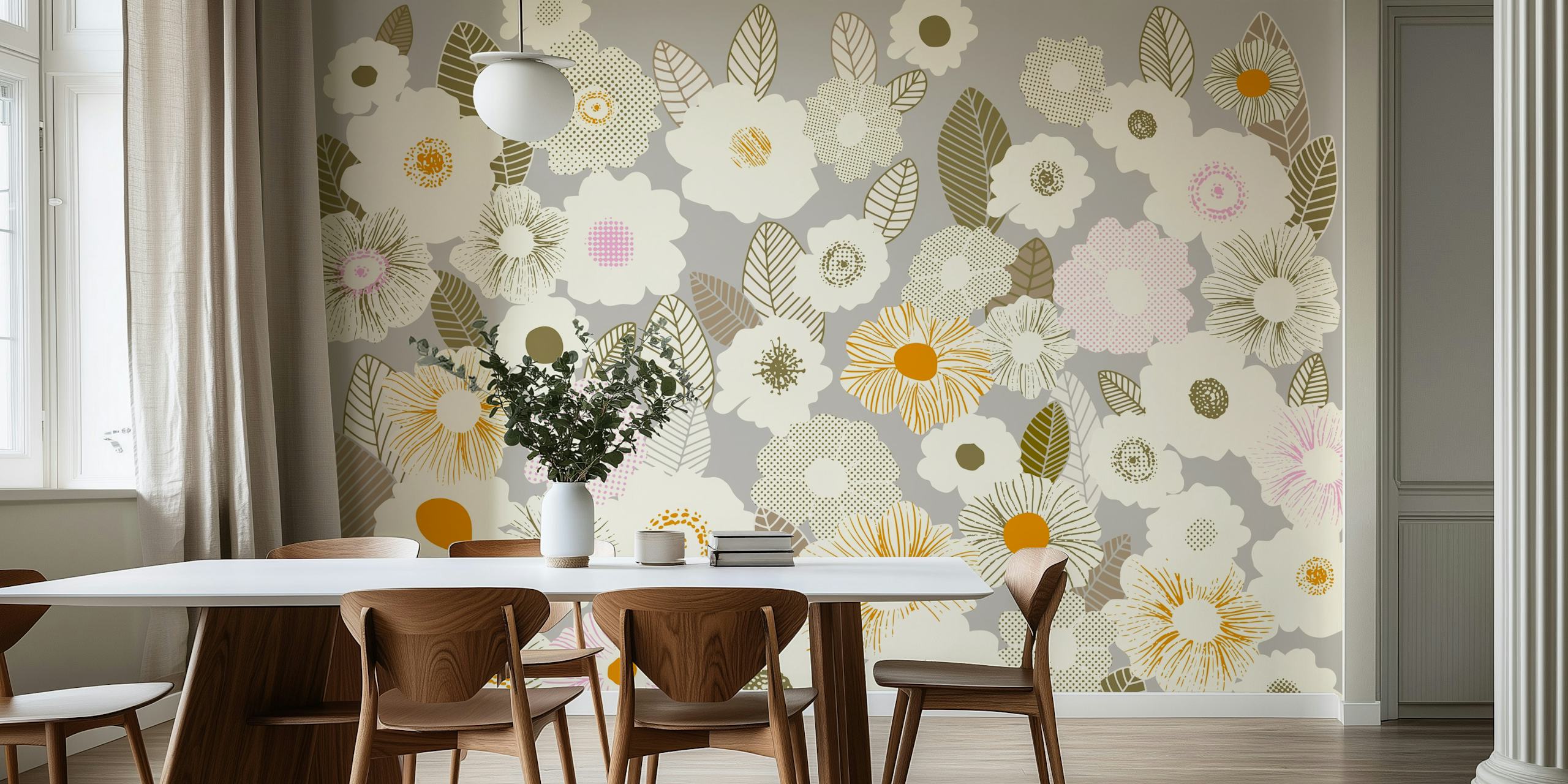 Floral wallpaper with flowers in soft pastel colors, retro style, gray background