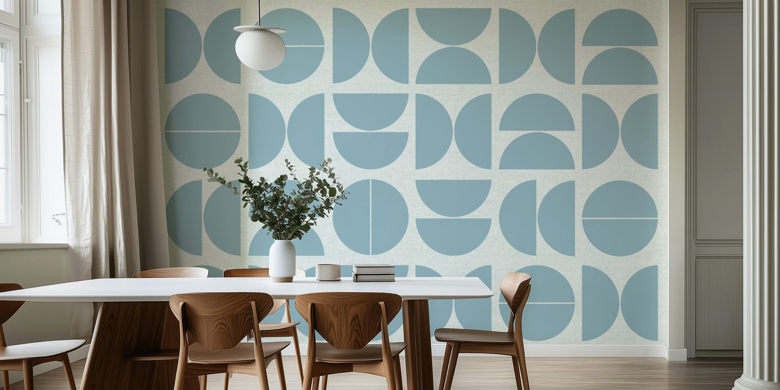 Geometric blue shapes with circular and semi-circular patterns wallpaper