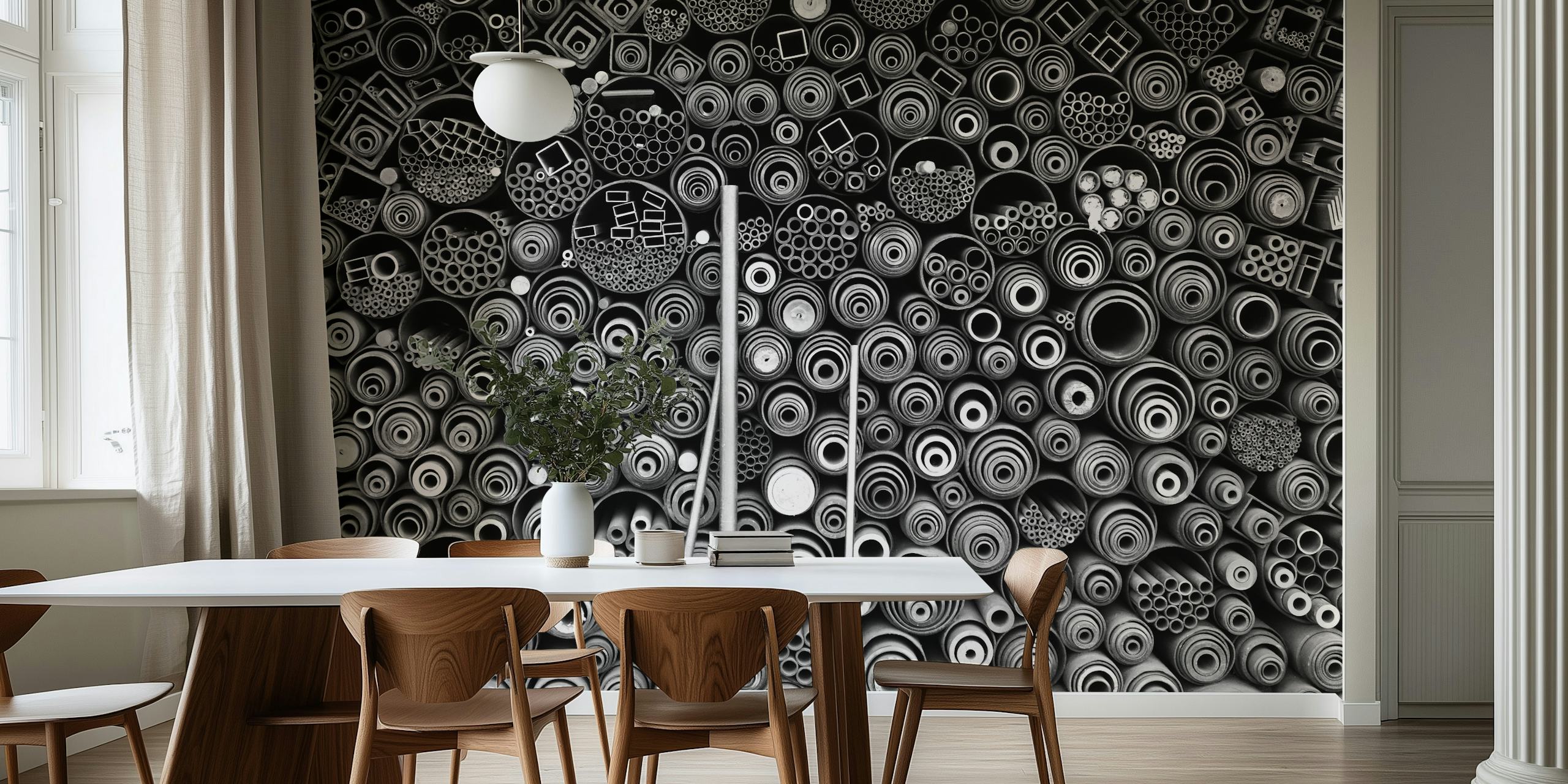 Black and white geometric patterned tube wallpaper