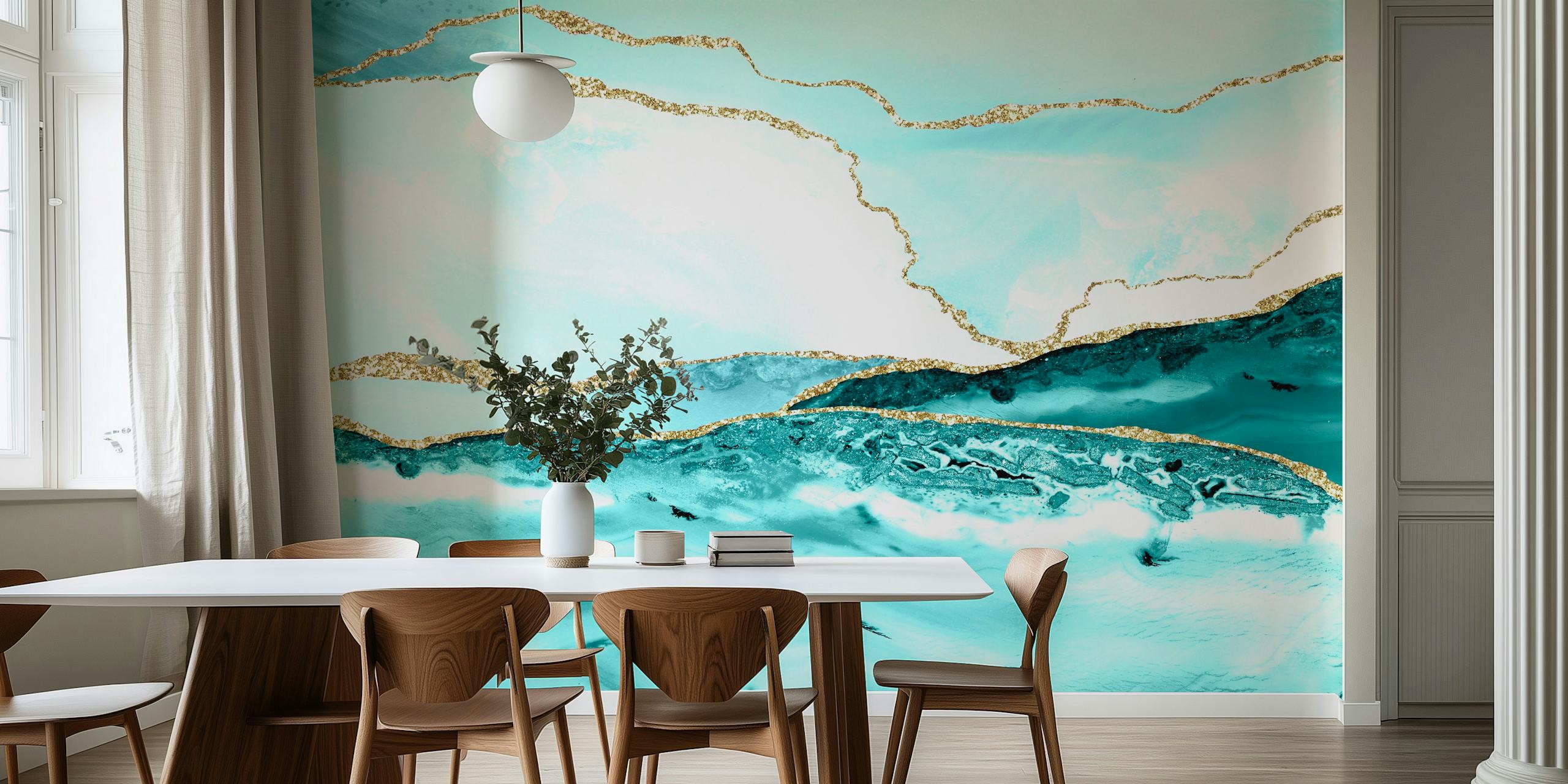 Teal marble wallpaper with silver veins and gold glitter accents
