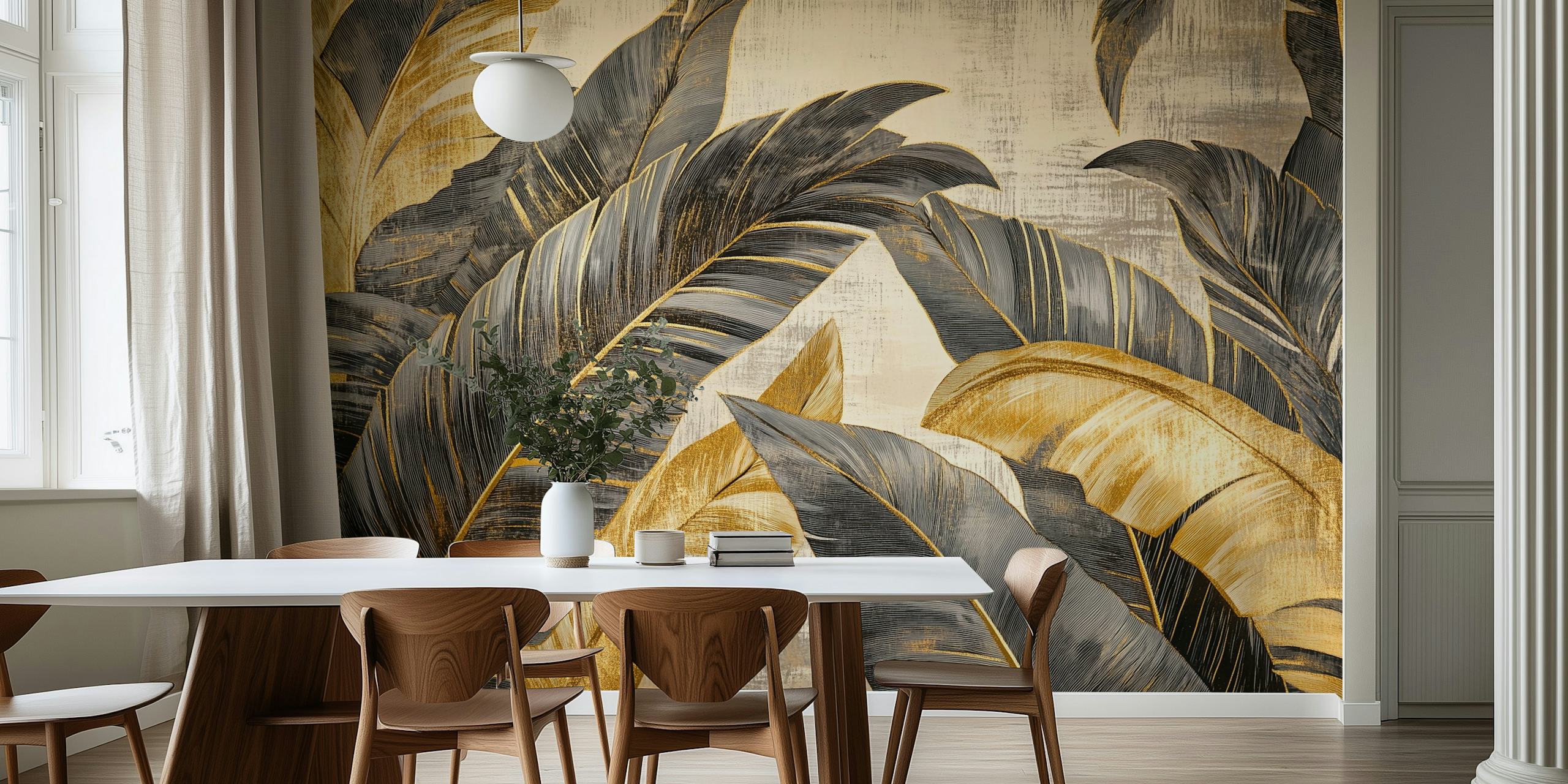 Tropical leaves in black and gold color scheme wallpaper