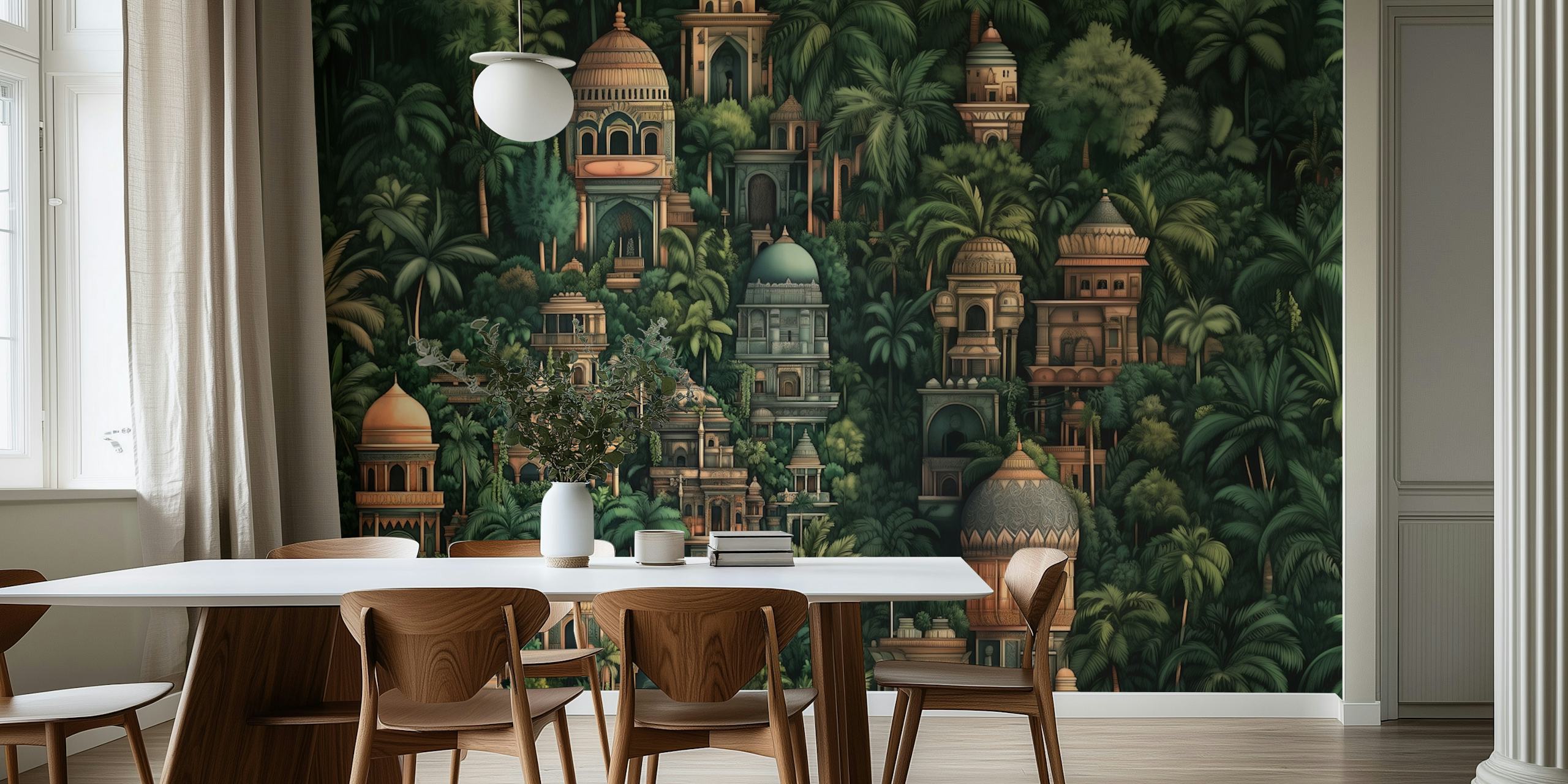 Tropical jungle with ornate temples in green wallpaper