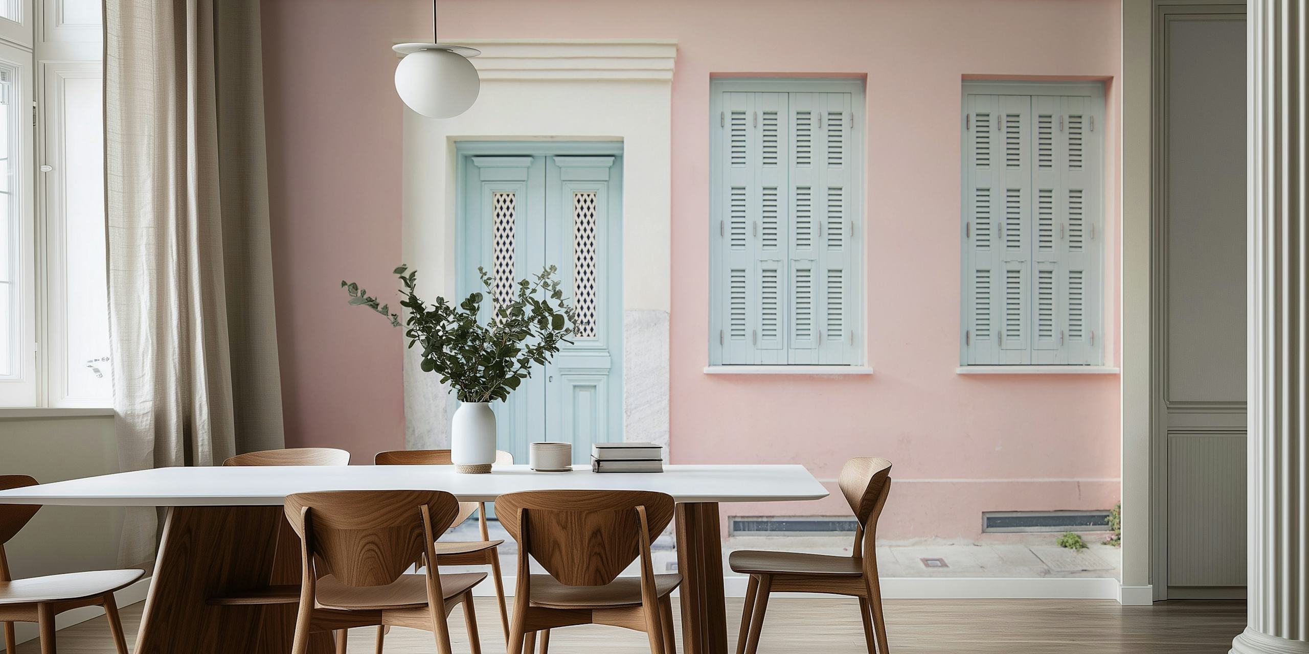 Pastel pink wall with blue doors and shutters wallpaper