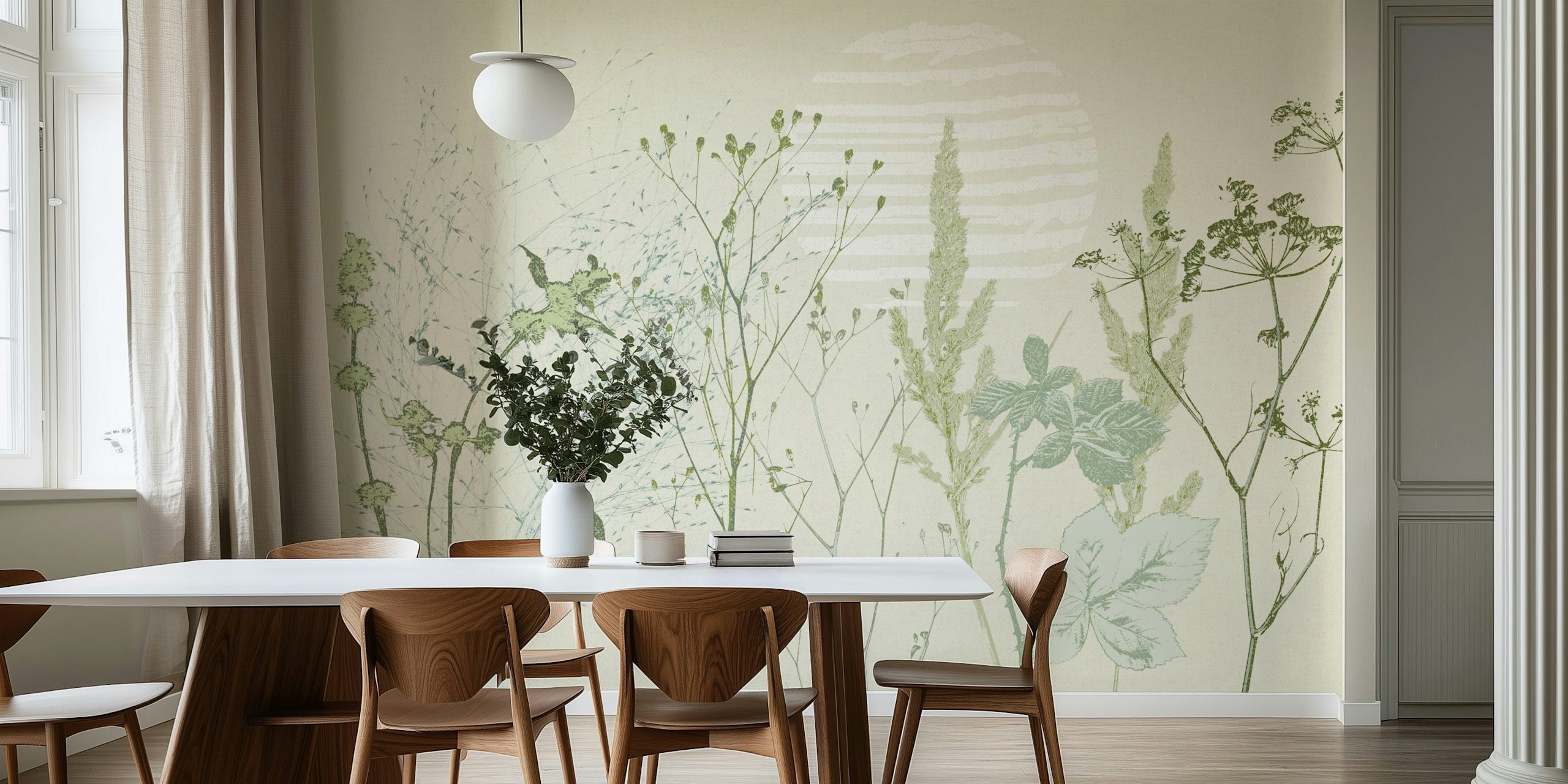 Natural green floral wallpaper featuring delicate botanical illustrations against a light background.