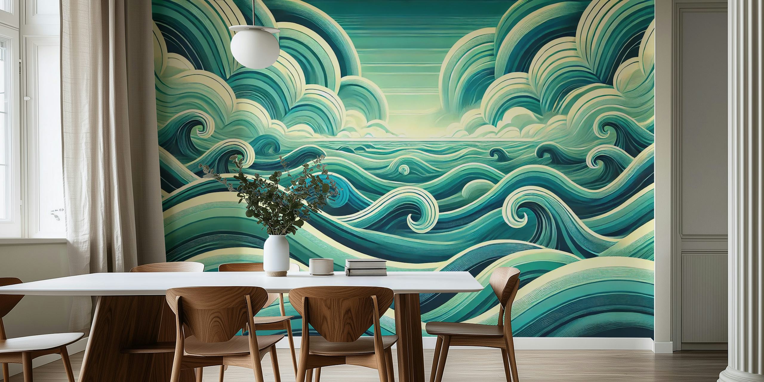 Abstract ocean waves in teal and blue colors wallpaper