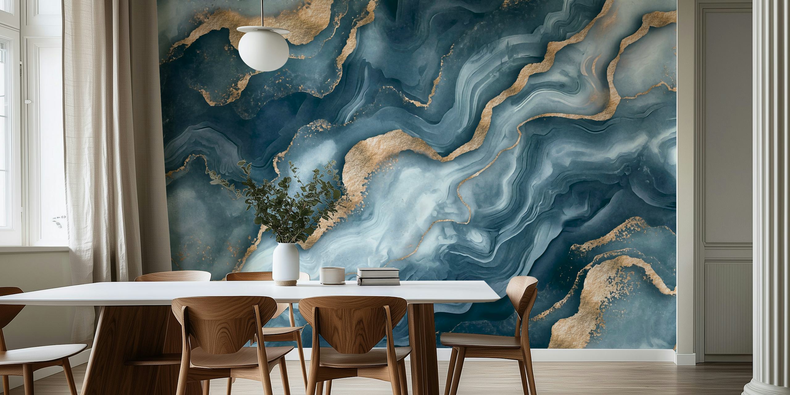 Blue and gold abstract marble waves wallpaper
