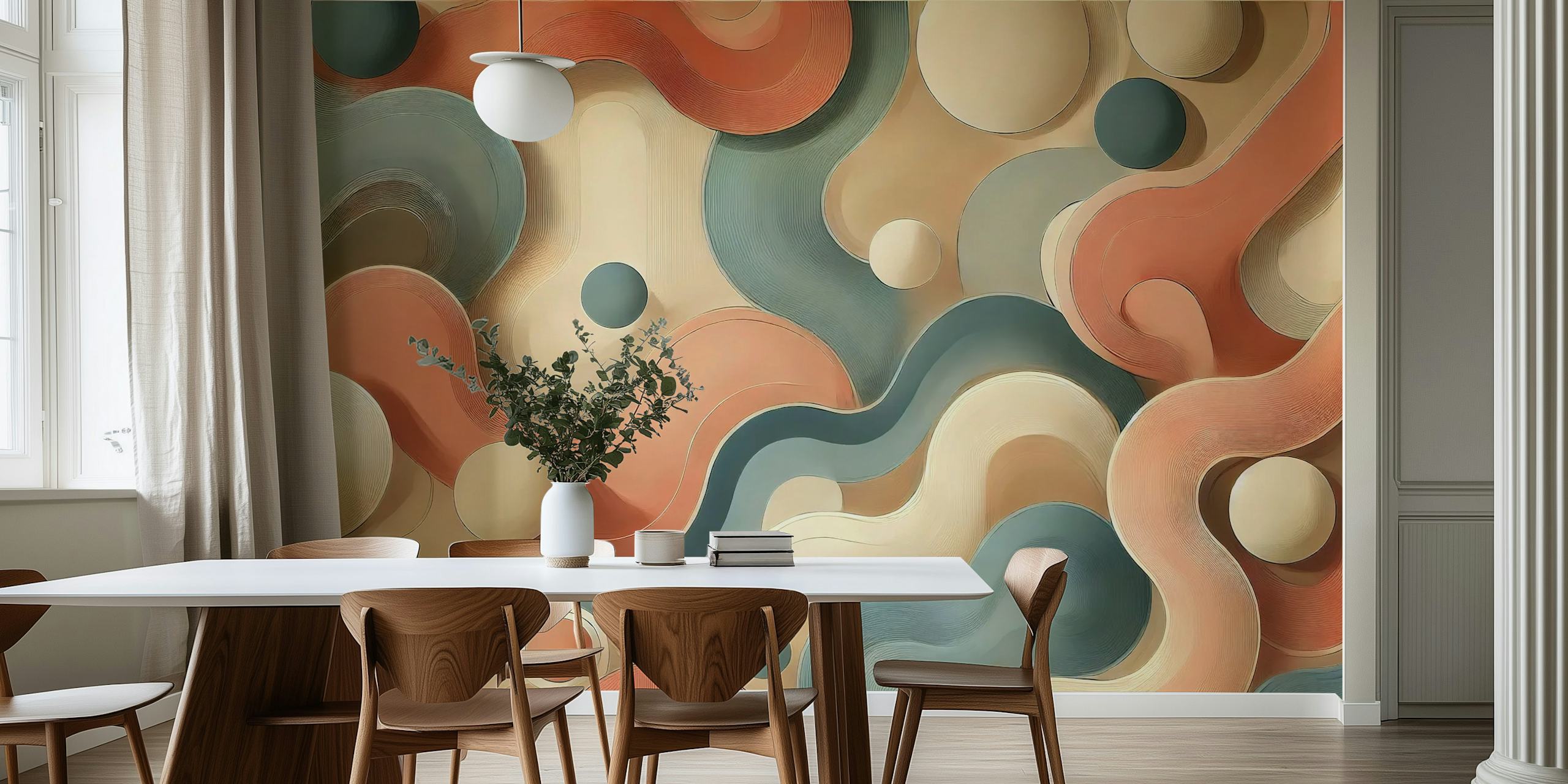Curvy abstract shapes in peach, teal, and cream wallpaper