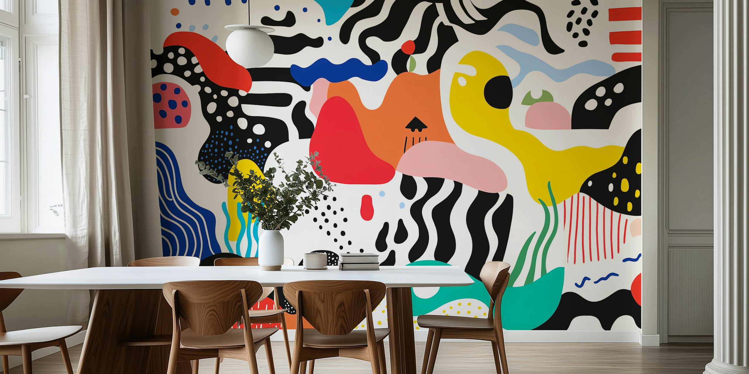 Colorful abstract shapes in black, white, red, and blue wallpaper