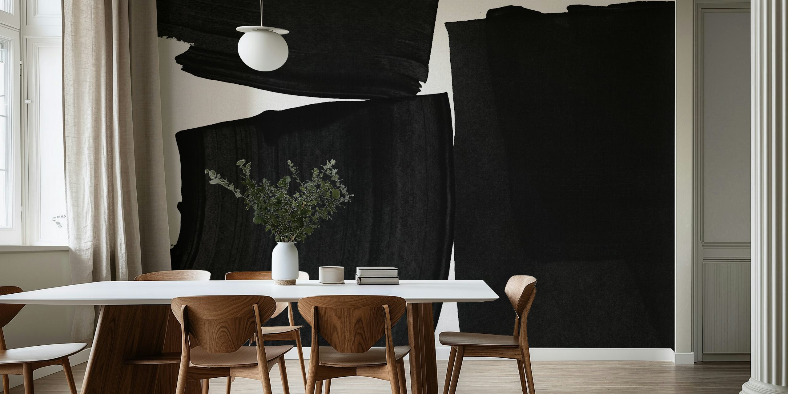 Minimalist black painting wallpaper em um quarto