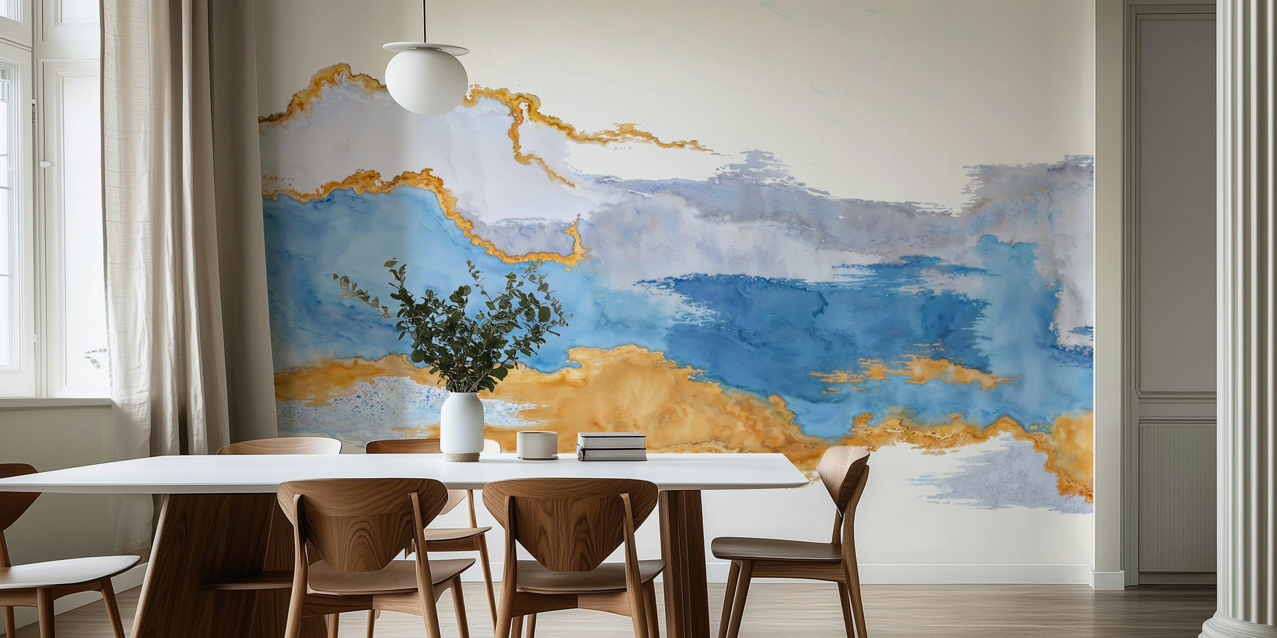 Blue and gold watercolor abstract design wallpaper