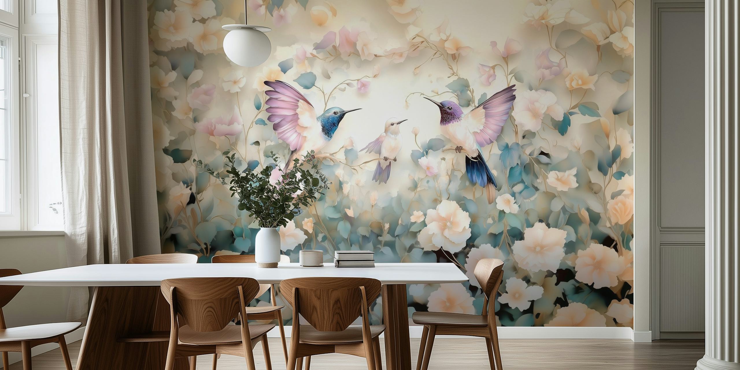 Birds and flowers wallpaper design in a room
