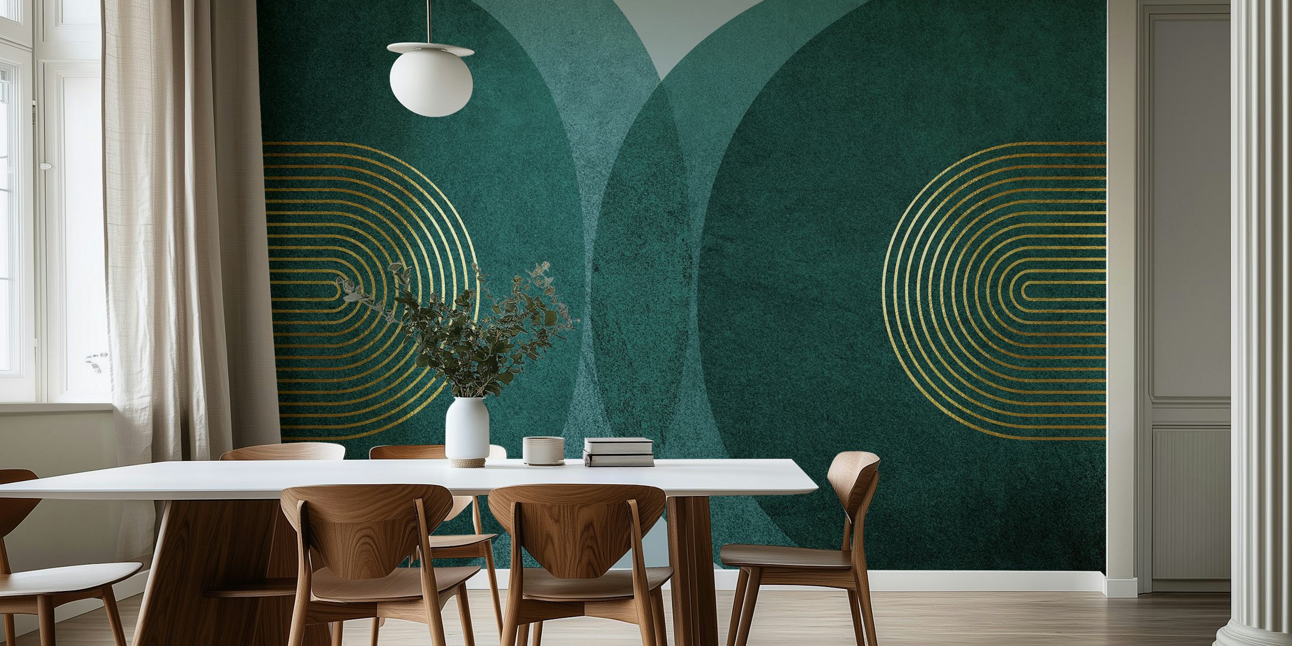 Teal geometric pattern with golden lines wallpaper