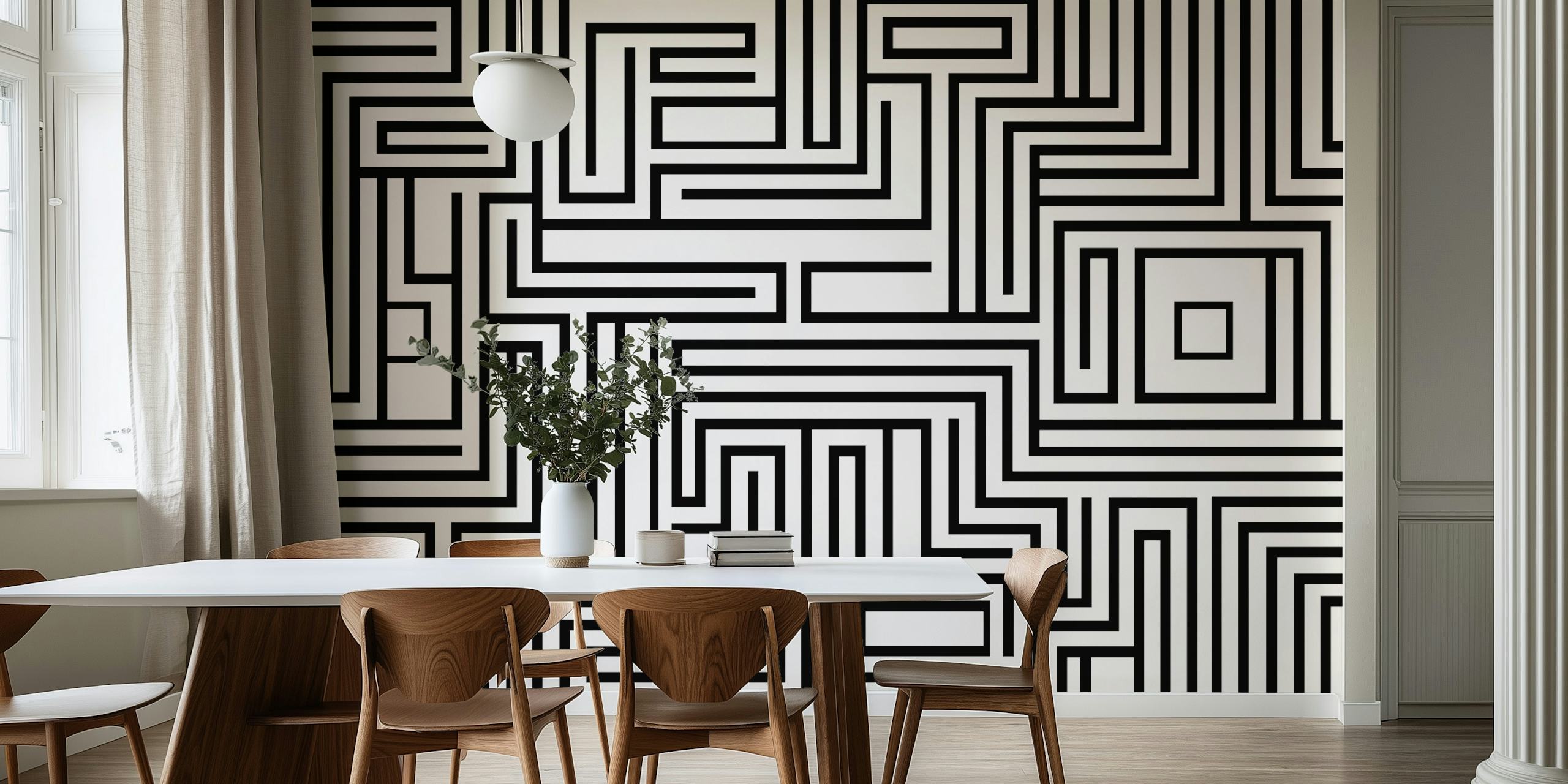 Black and white geometric pattern wallpaper featuring maze-like lines.