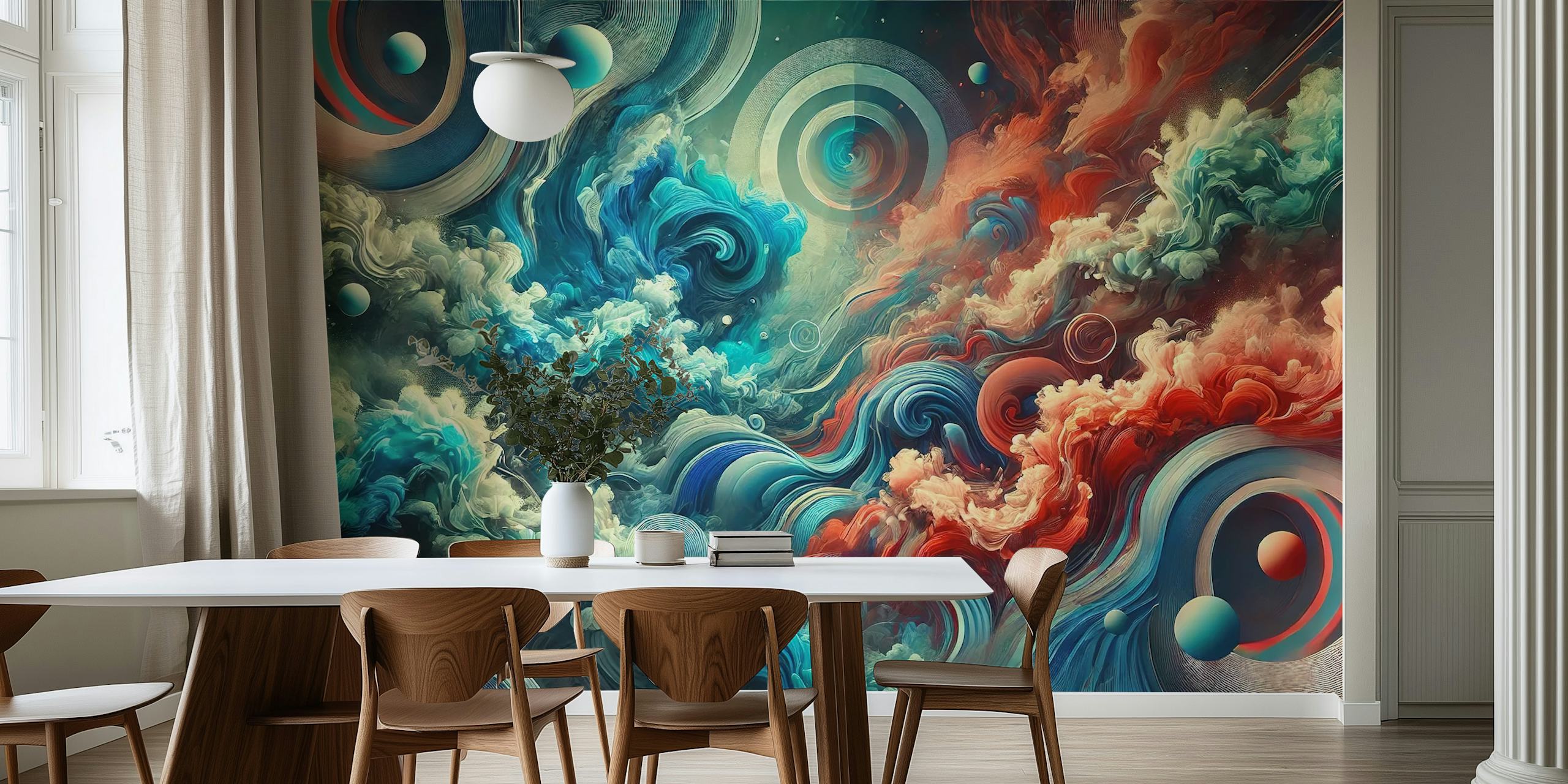 Colorful abstract swirls in red, blue, and cream wallpaper