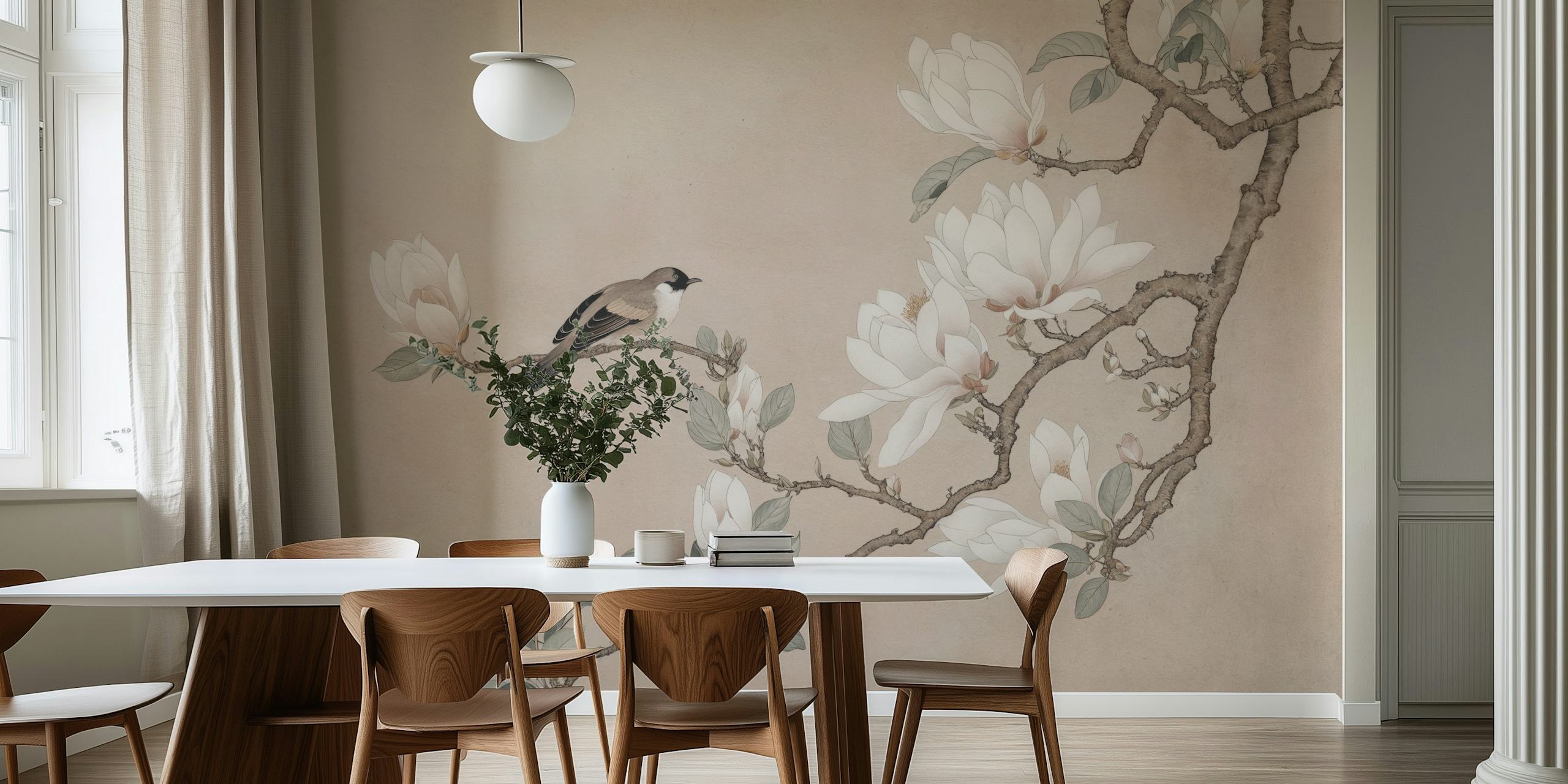 Magnolia flowers and a bird on branches, soft colors wallpaper