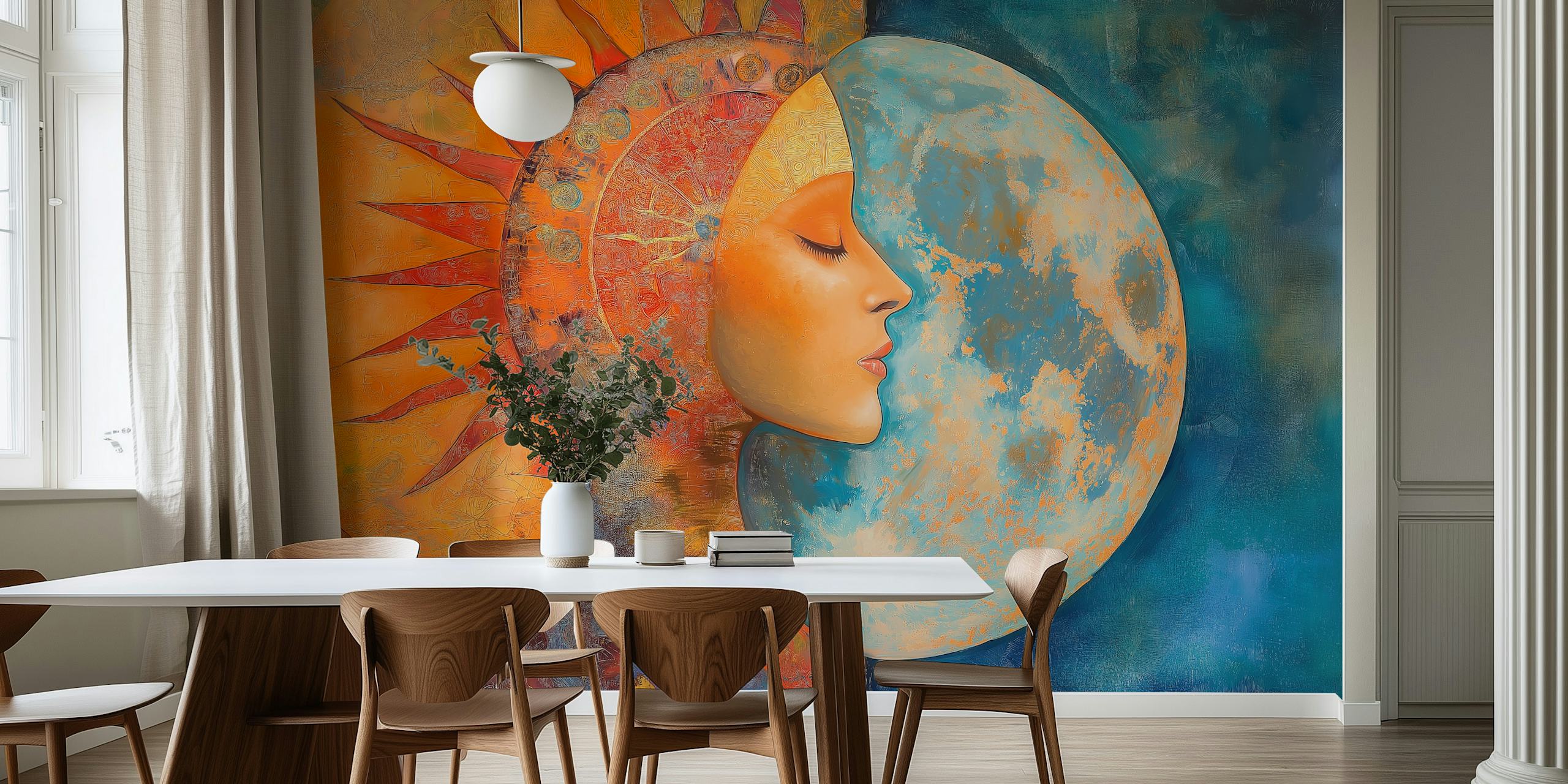 Tapeta Sun and Moon Embrace w pomieszczeniu