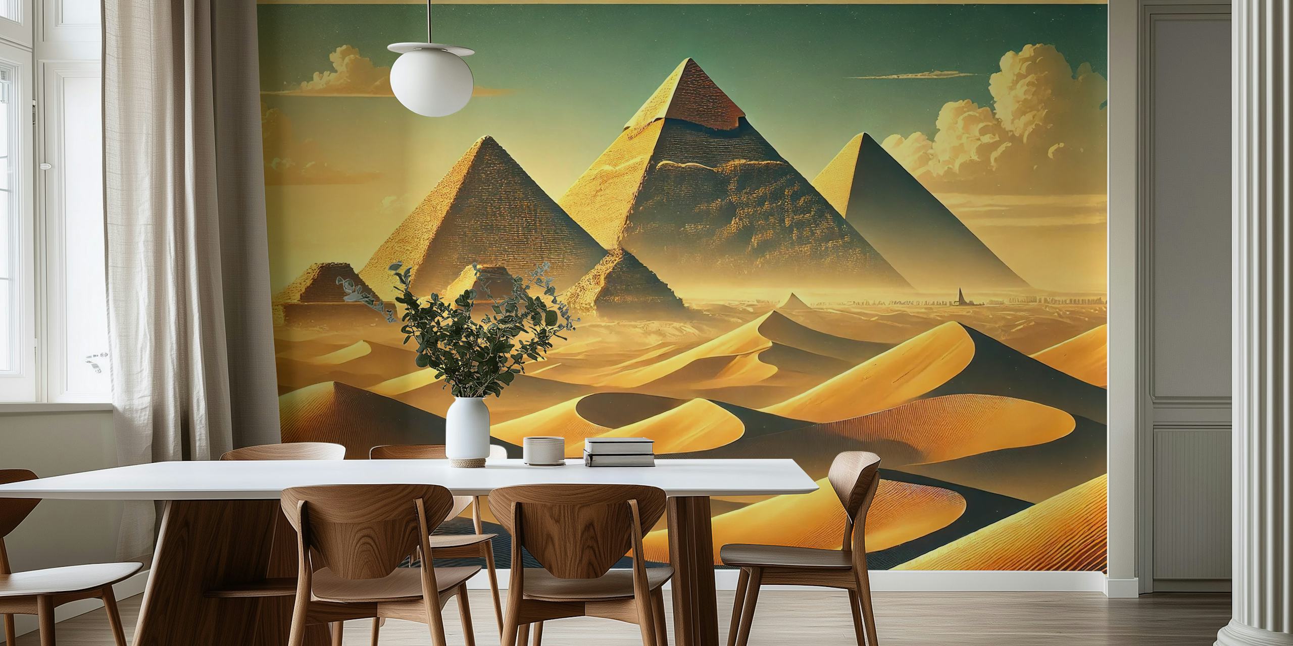 Vintage Egyptian pyramids wallpaper in a room