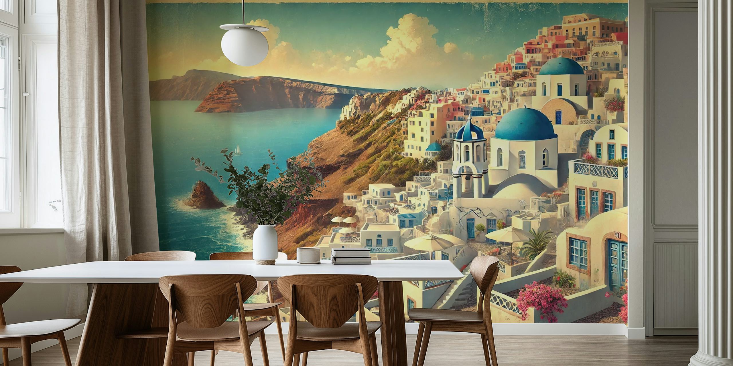 Vintage Santorini Cliffside wallpaper in una stanza