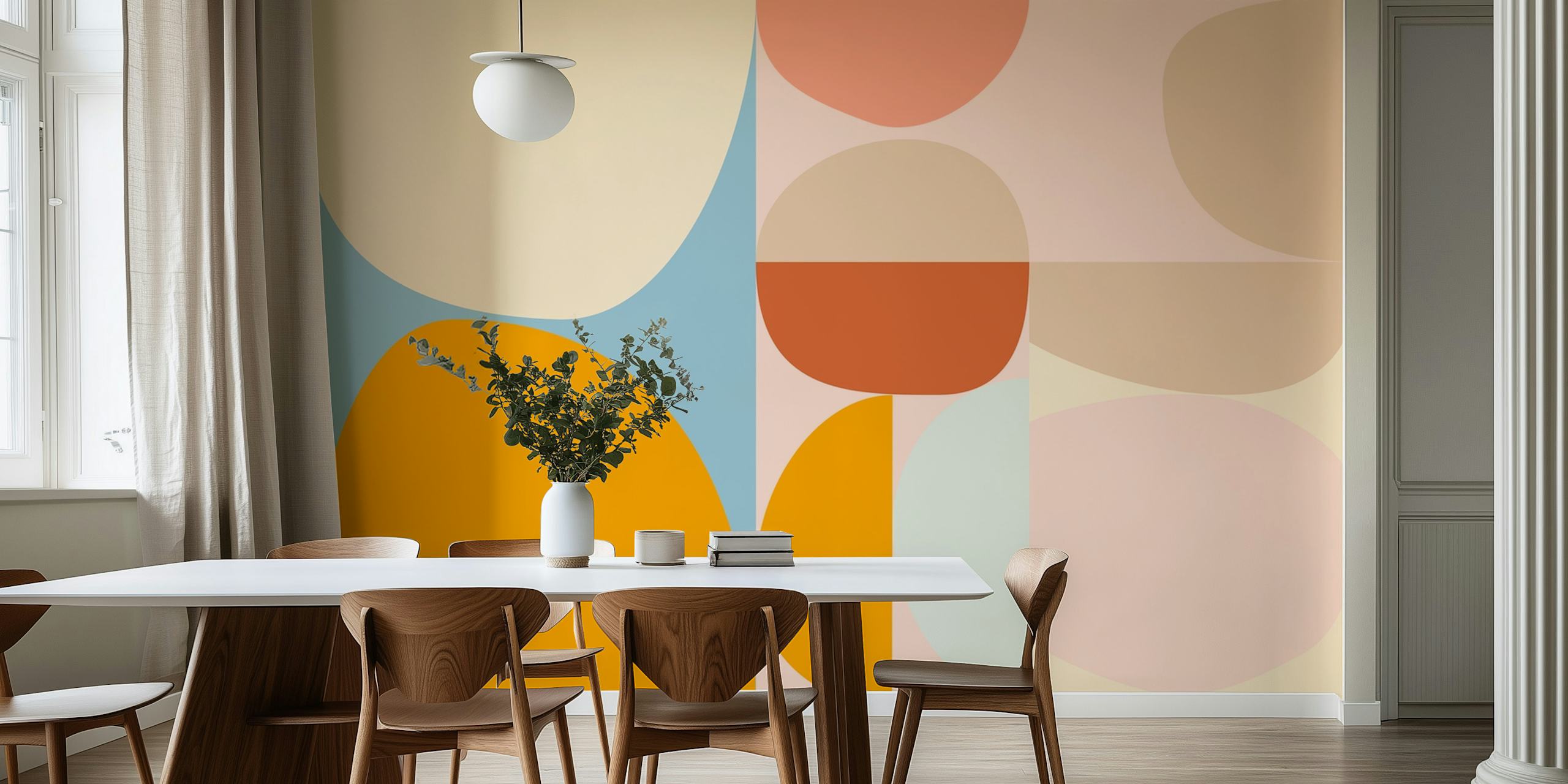 Abstract shapes in pastel colors including orange, pink, and beige wallpaper