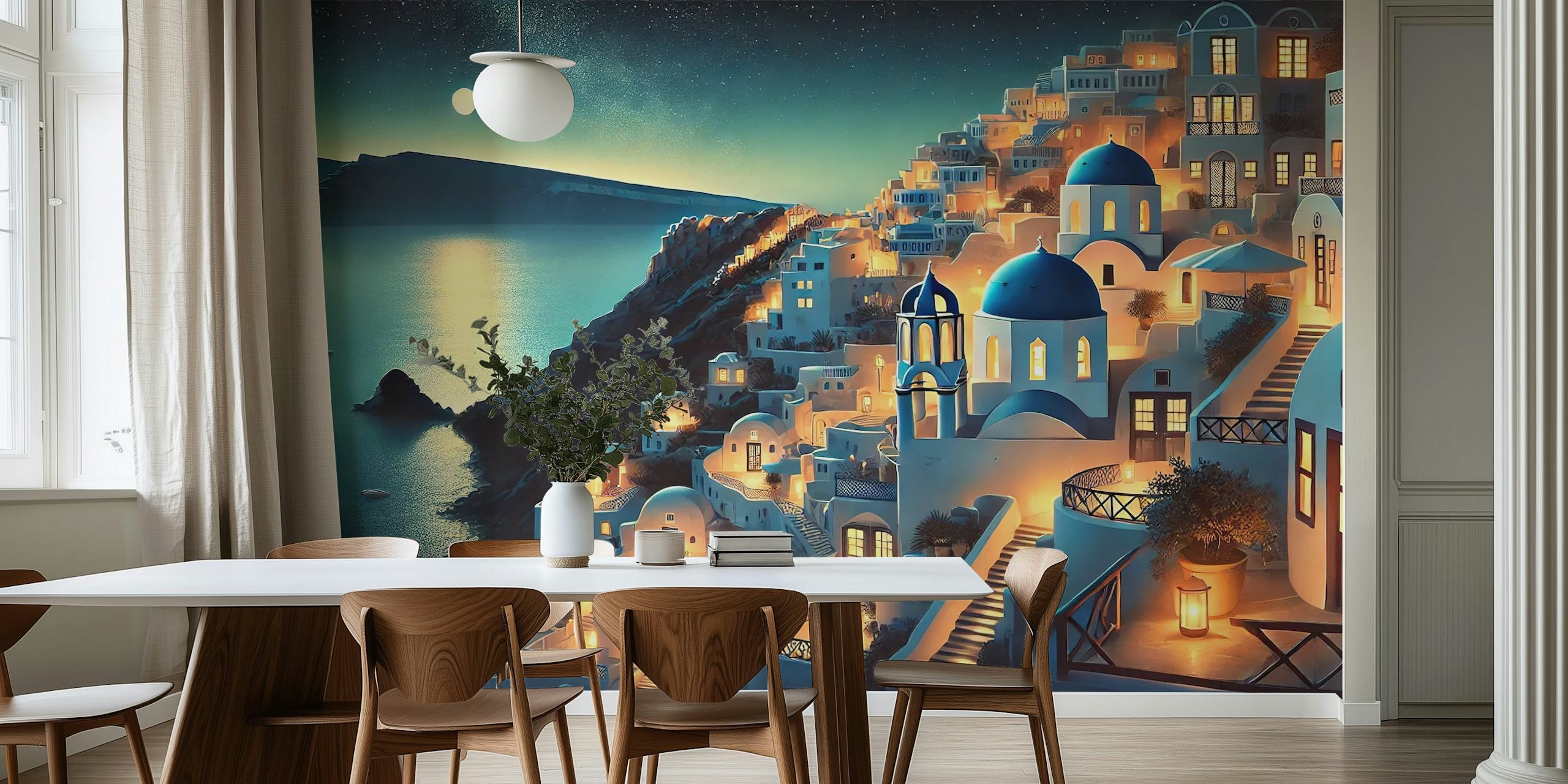 Vintage Santorini Night Poster tapet i et rom