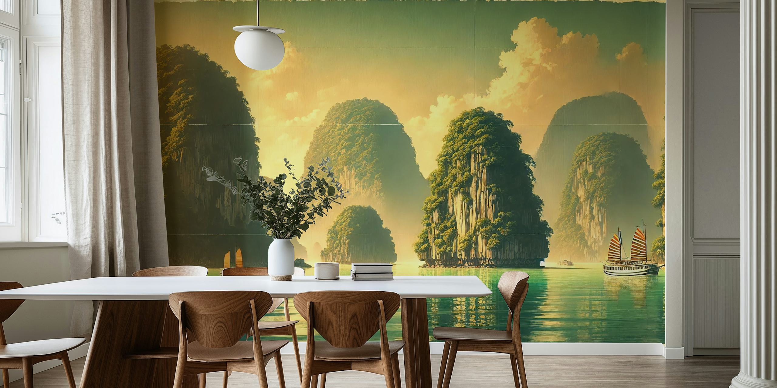 Ha Long Bay landscape with rocky formations and boats in green and blue wallpaper
