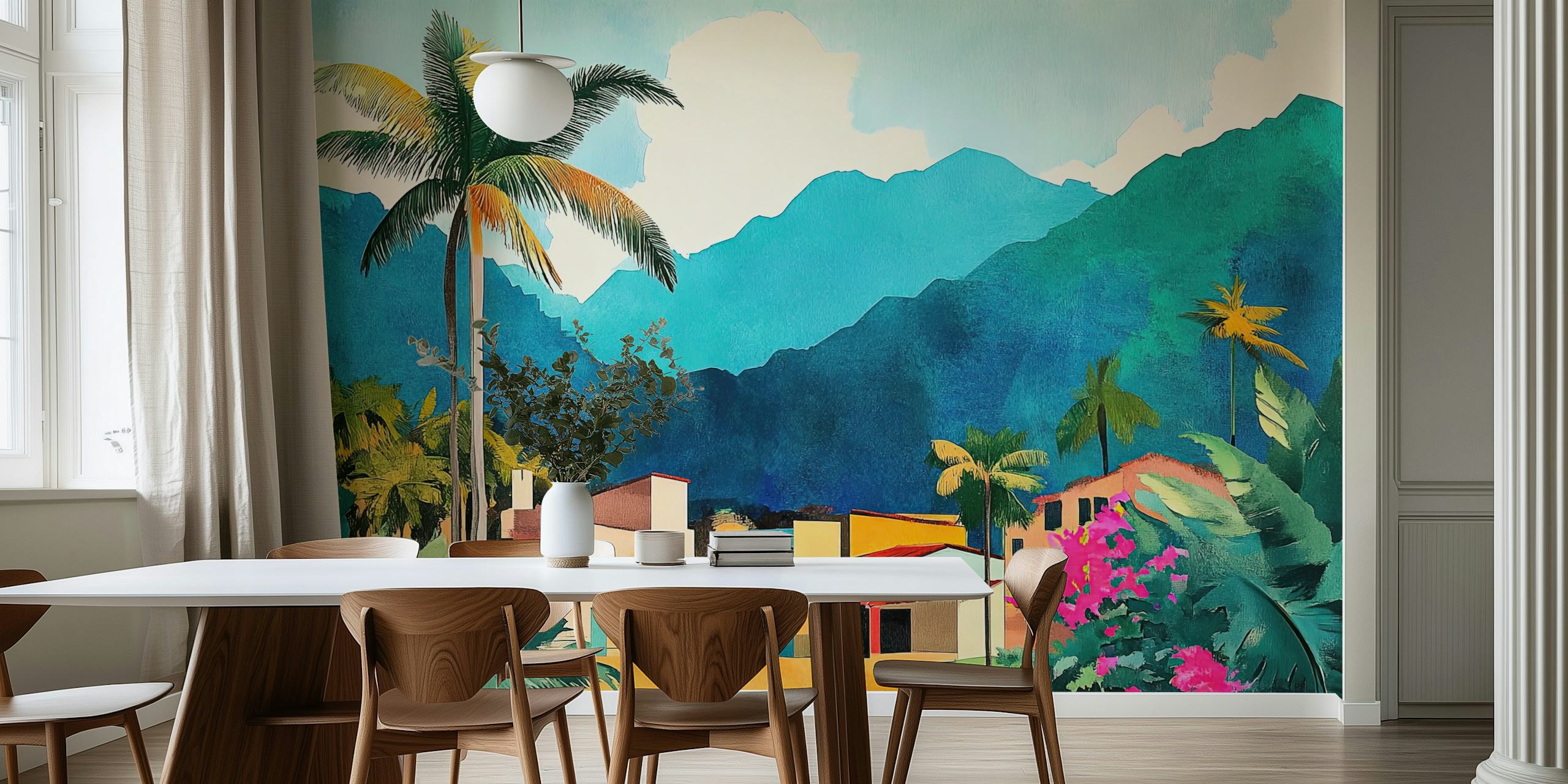 Tropical village scene with colorful buildings and mountains wallpaper