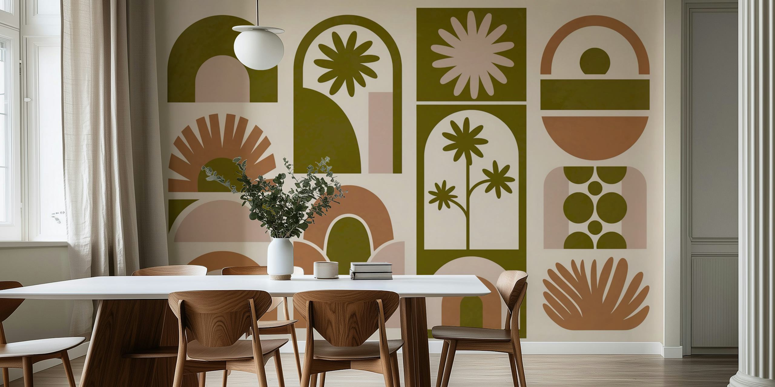 Geometric vintage botanical wallpaper in earthy tones.