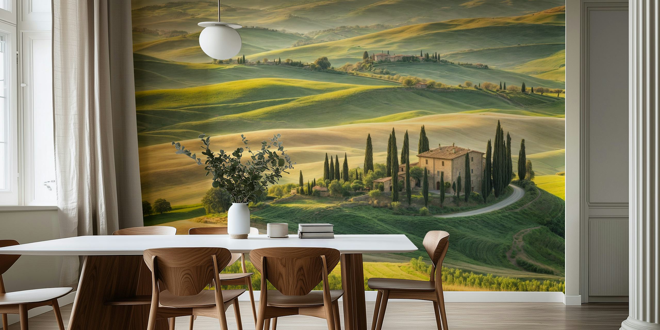 Scenic wallpaper of Tuscan landscape in a room