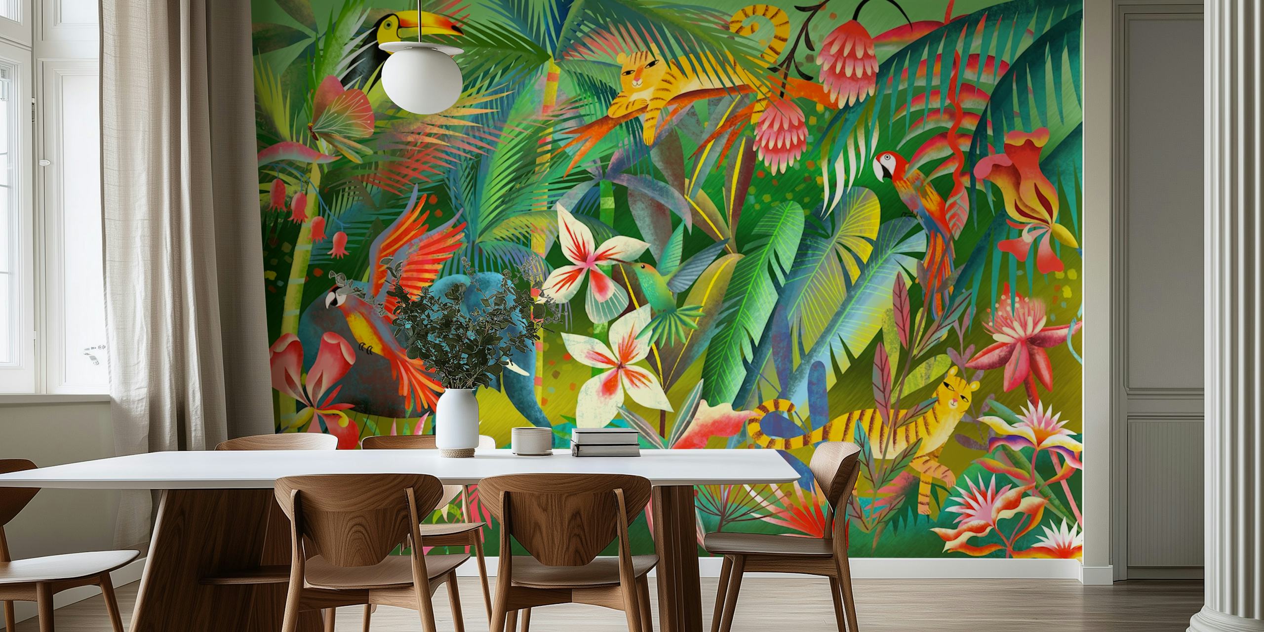 Colorful jungle scene wallpaper featuring tigers, elephants, toucans, and tropical flowers