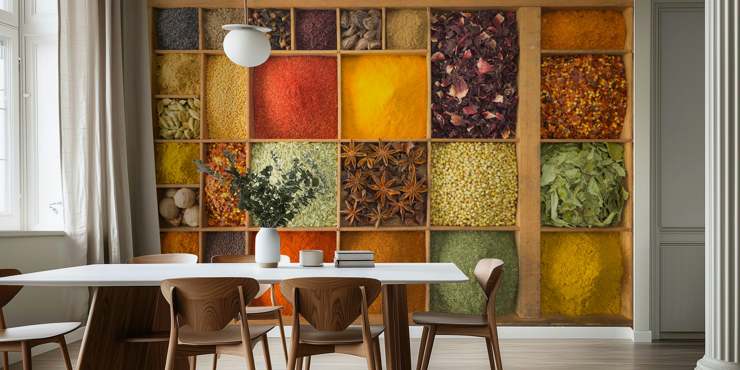 Colorful spice assortment in squares, yellow, red, green wallpaper