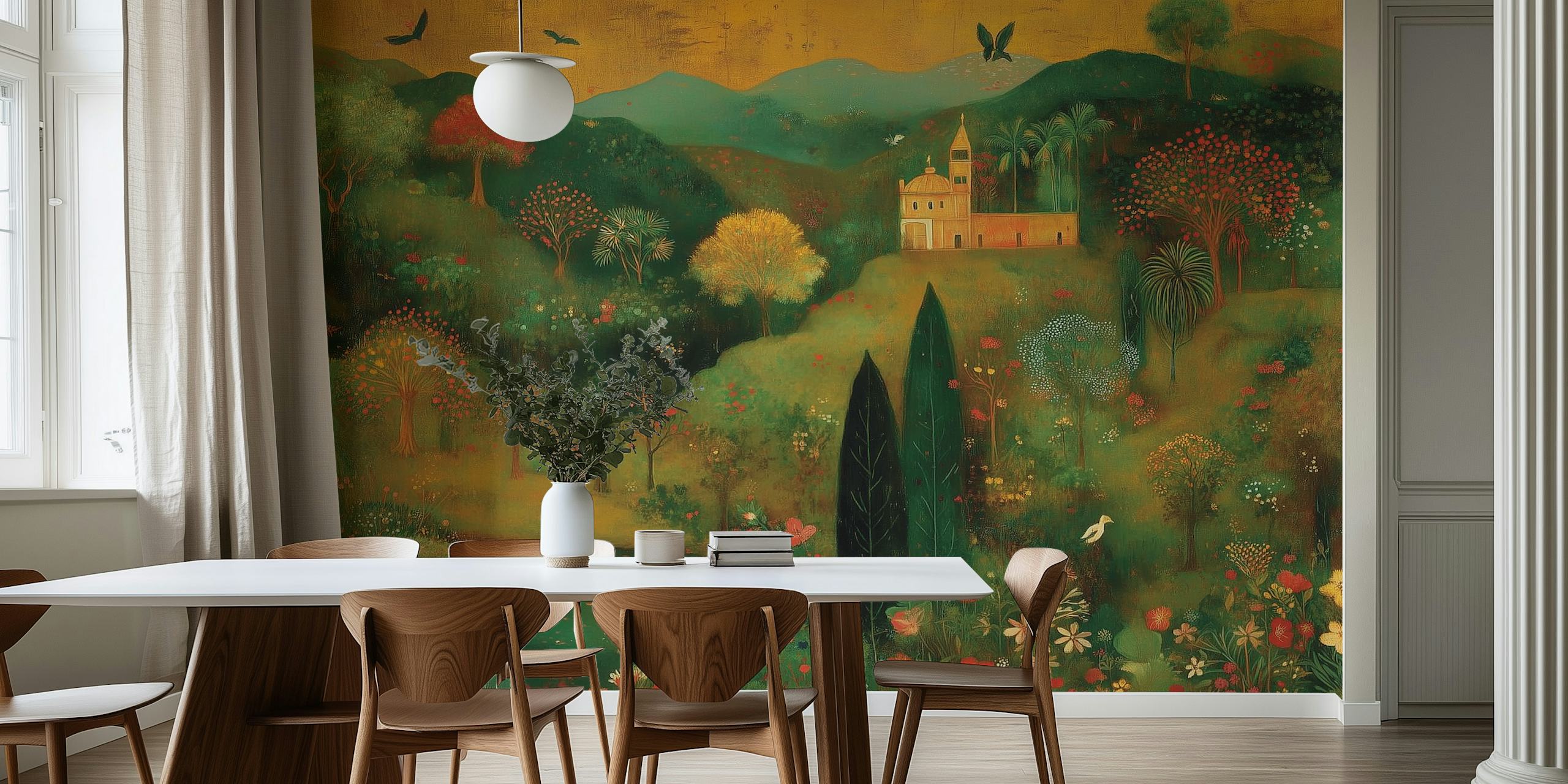 Serene countryside wallpaper in a room