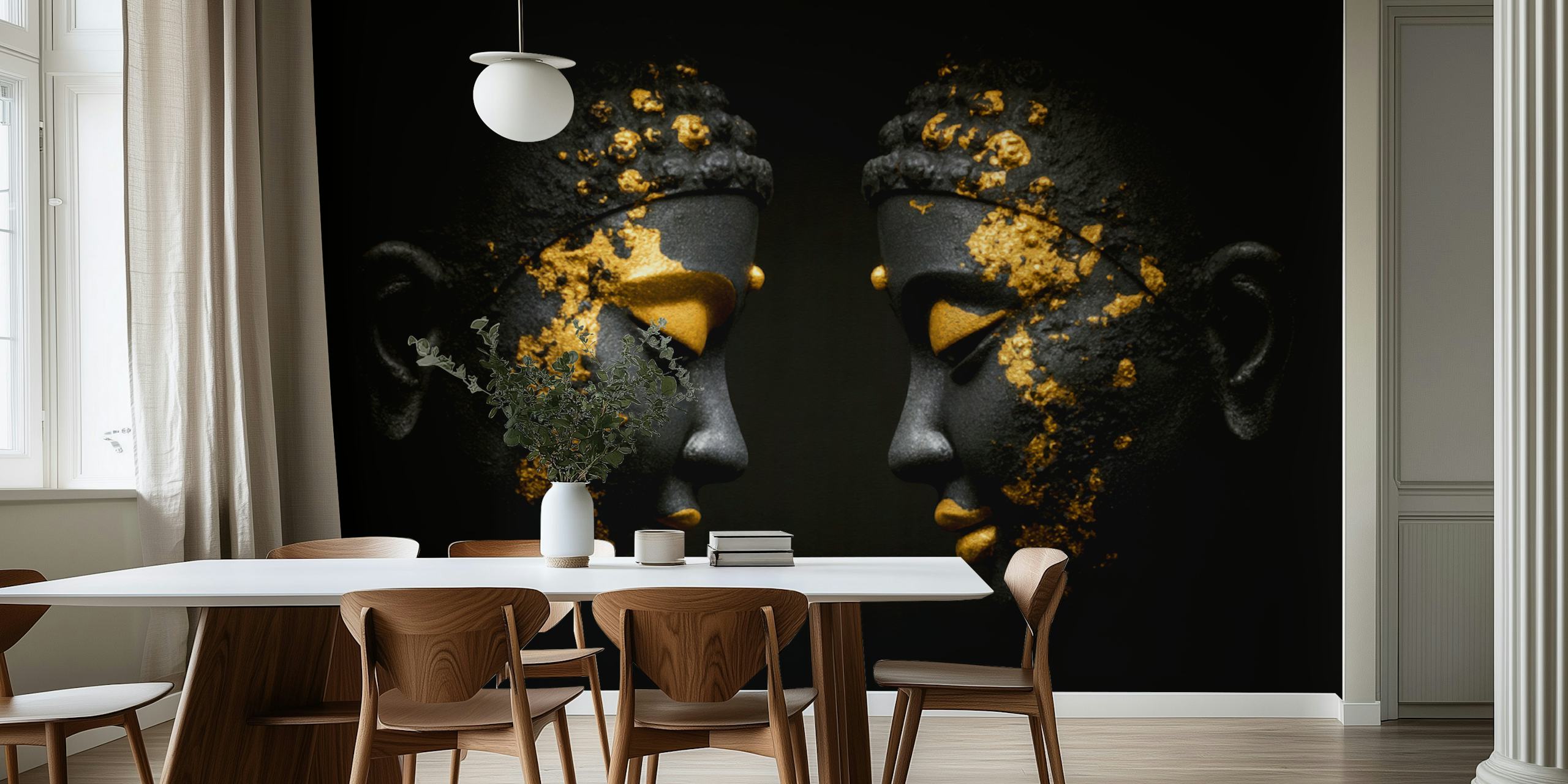 Golden Serenity Faces wallpaper in a room