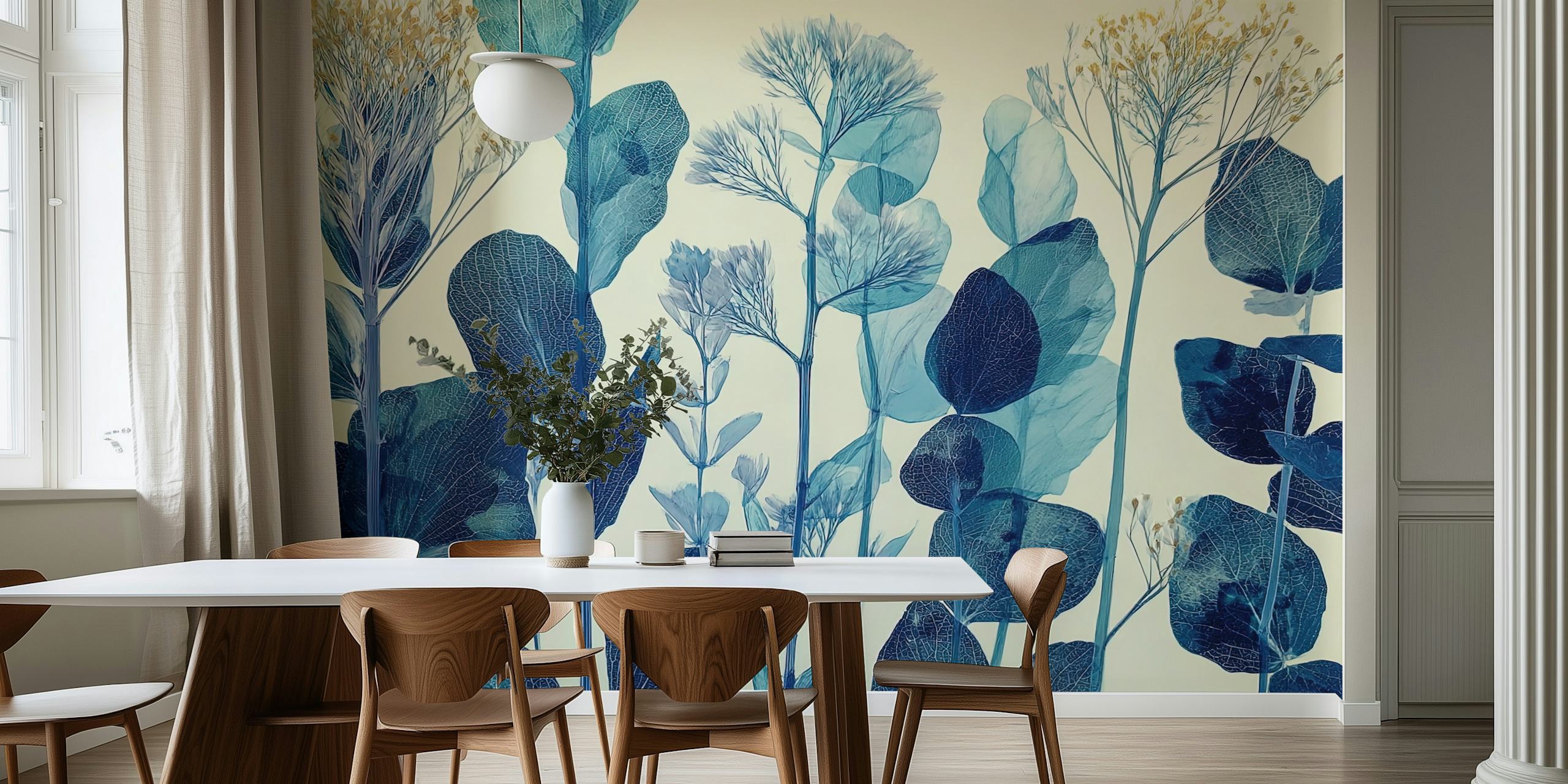 Blue Botanica Leaves behang in een kamer
