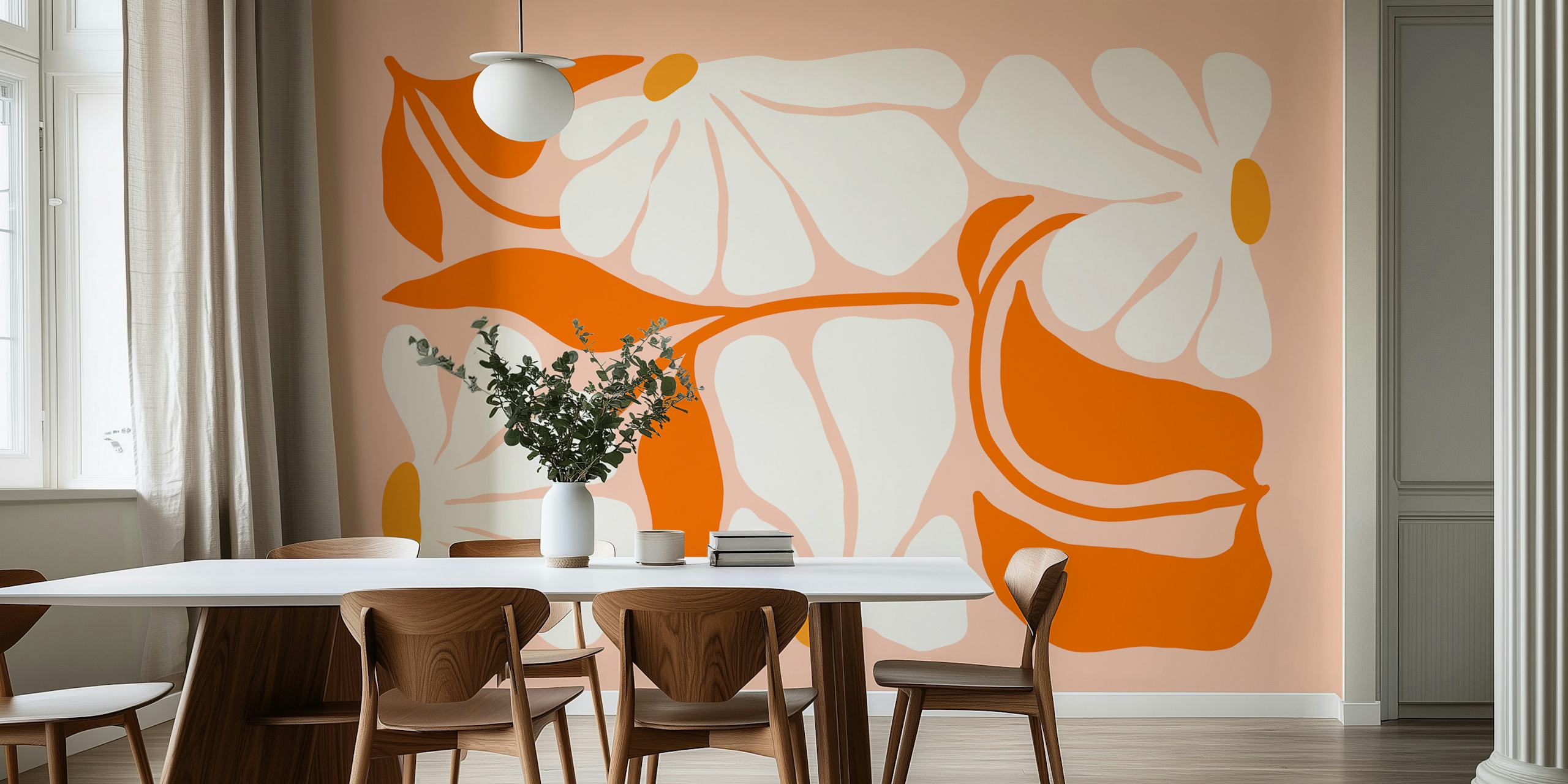 Blooming Orange Delight floral wallpaper in a room