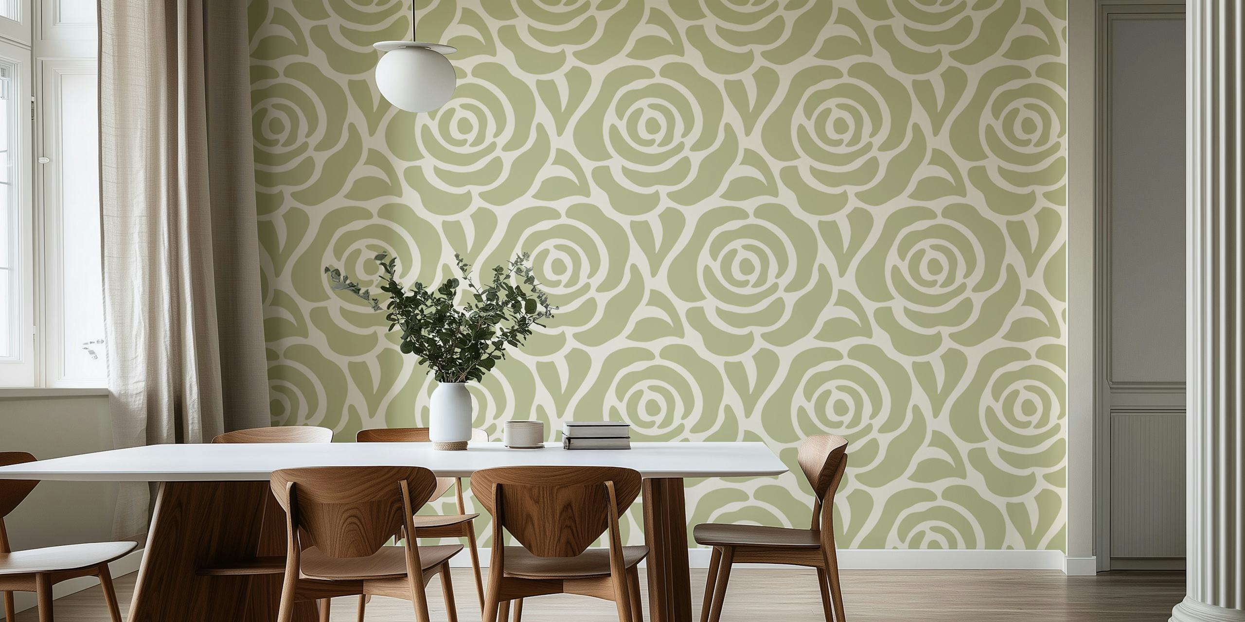 Blooming roses wallpaper pattern in hellem Salbei