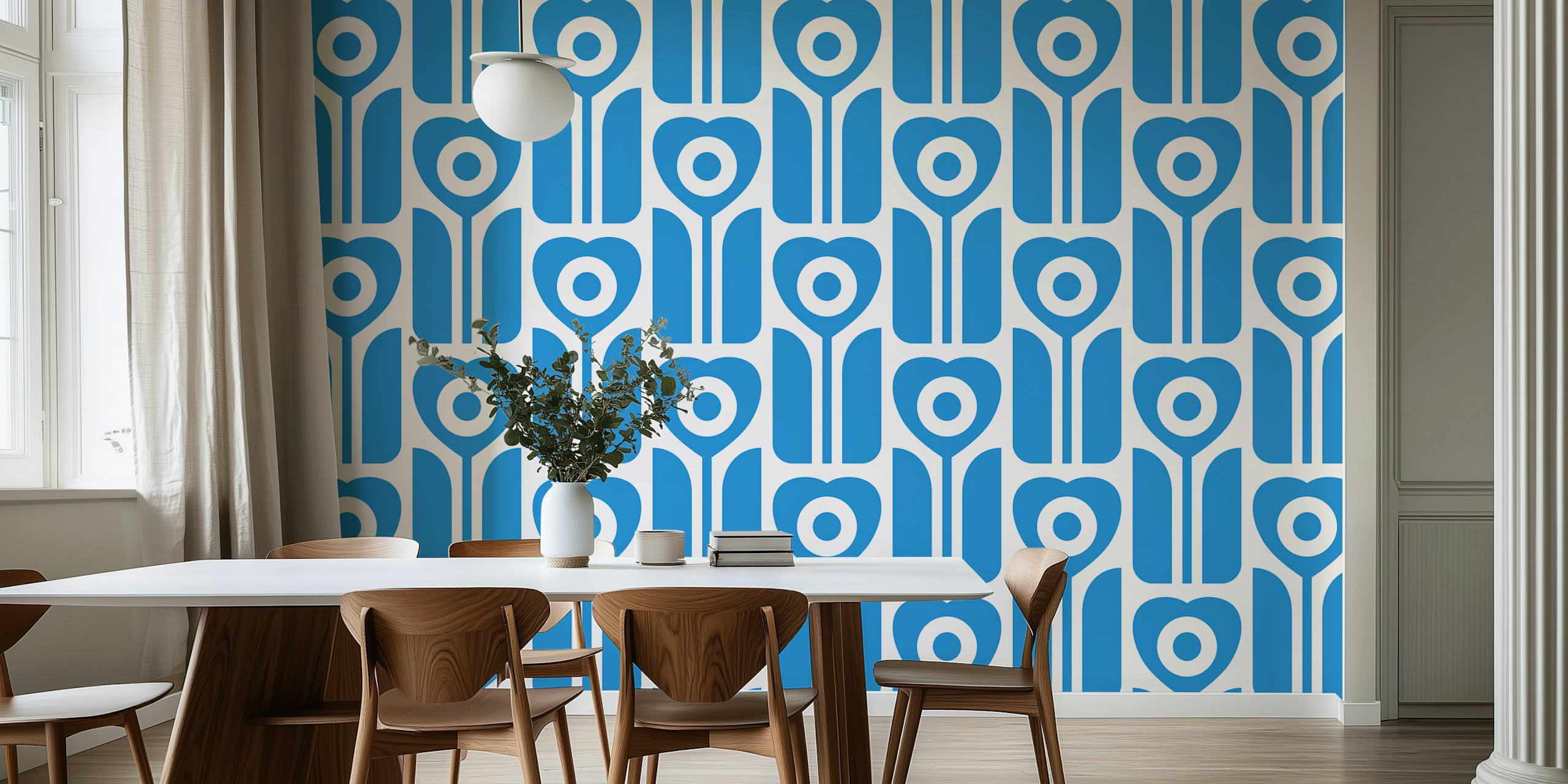 Retro geometric tulips wallpaper em um quarto