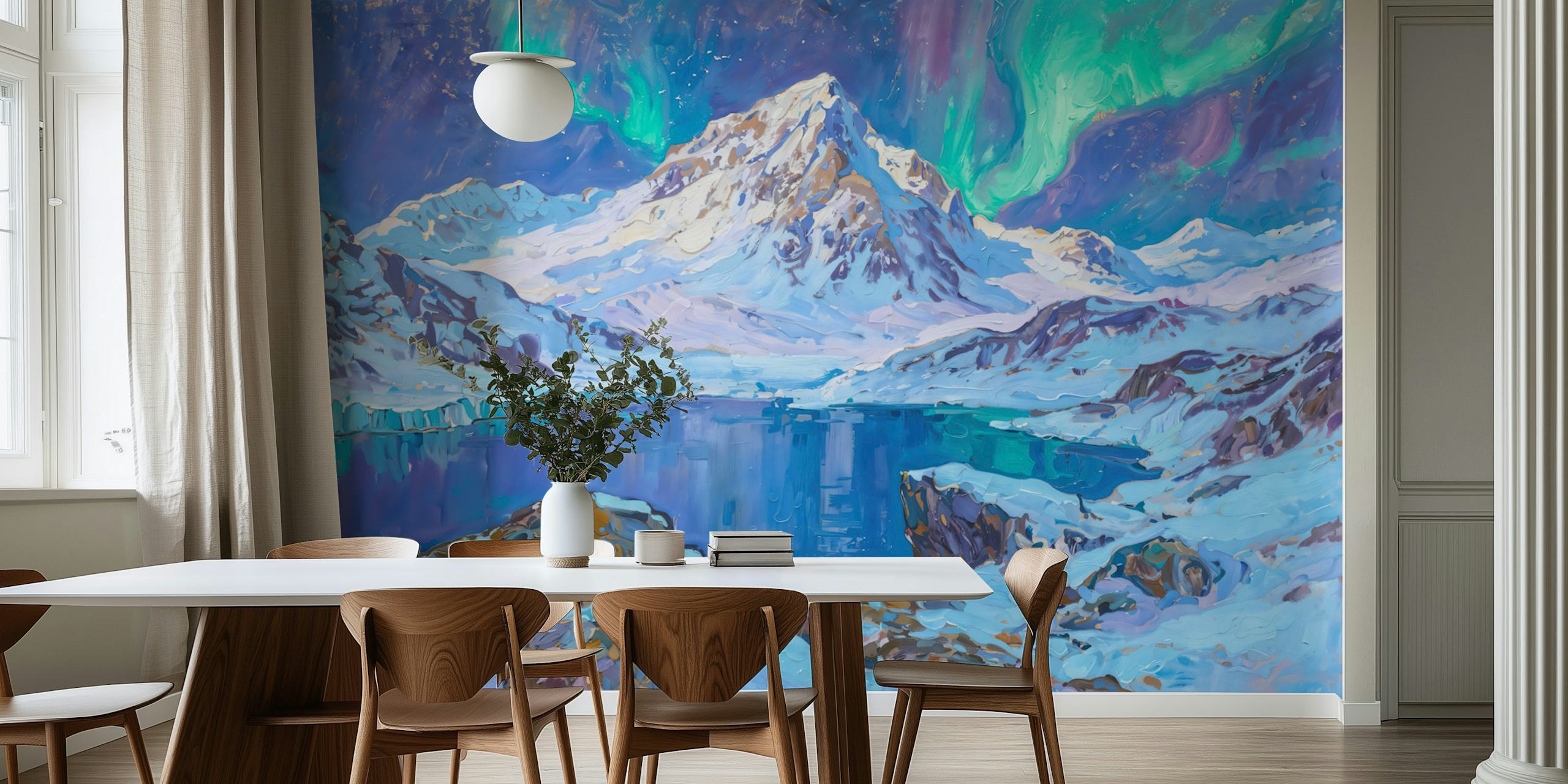 Aurora over snowy mountain peaks and still lake wallpaper