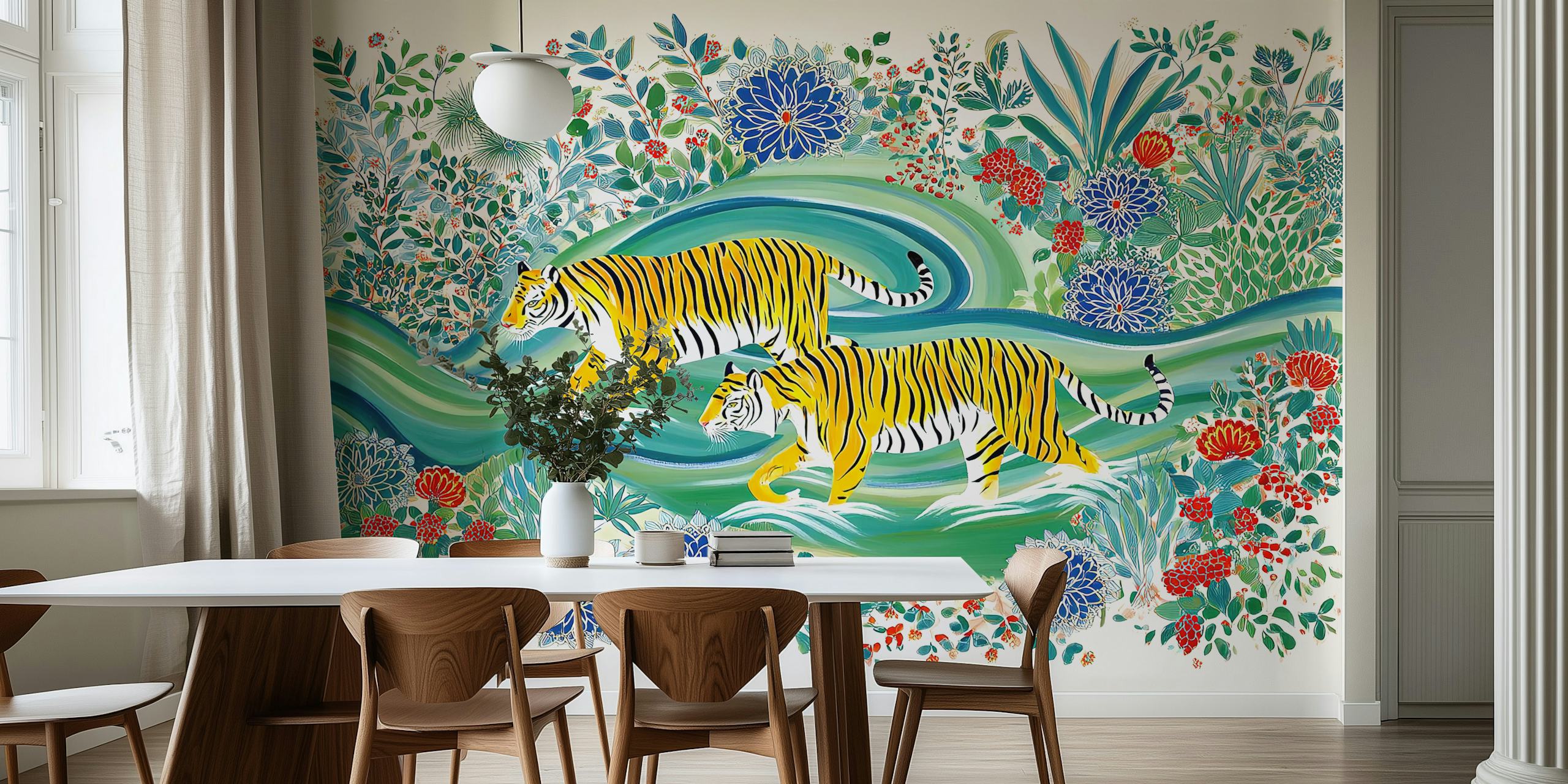 Two tigers walking through colorful floral patterns and leaves wallpaper