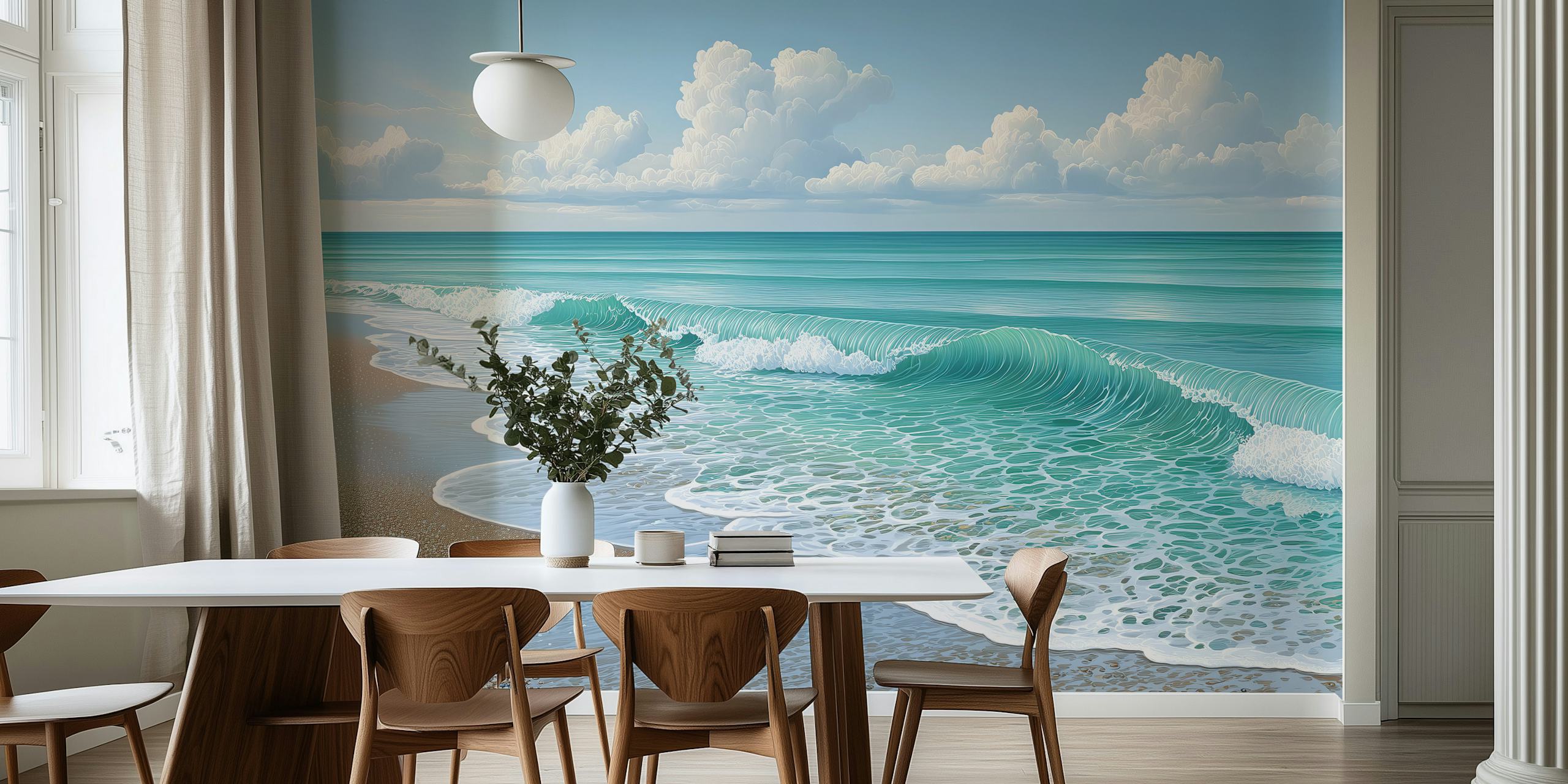 Ocean waves on sandy beach with turquoise water wallpaper