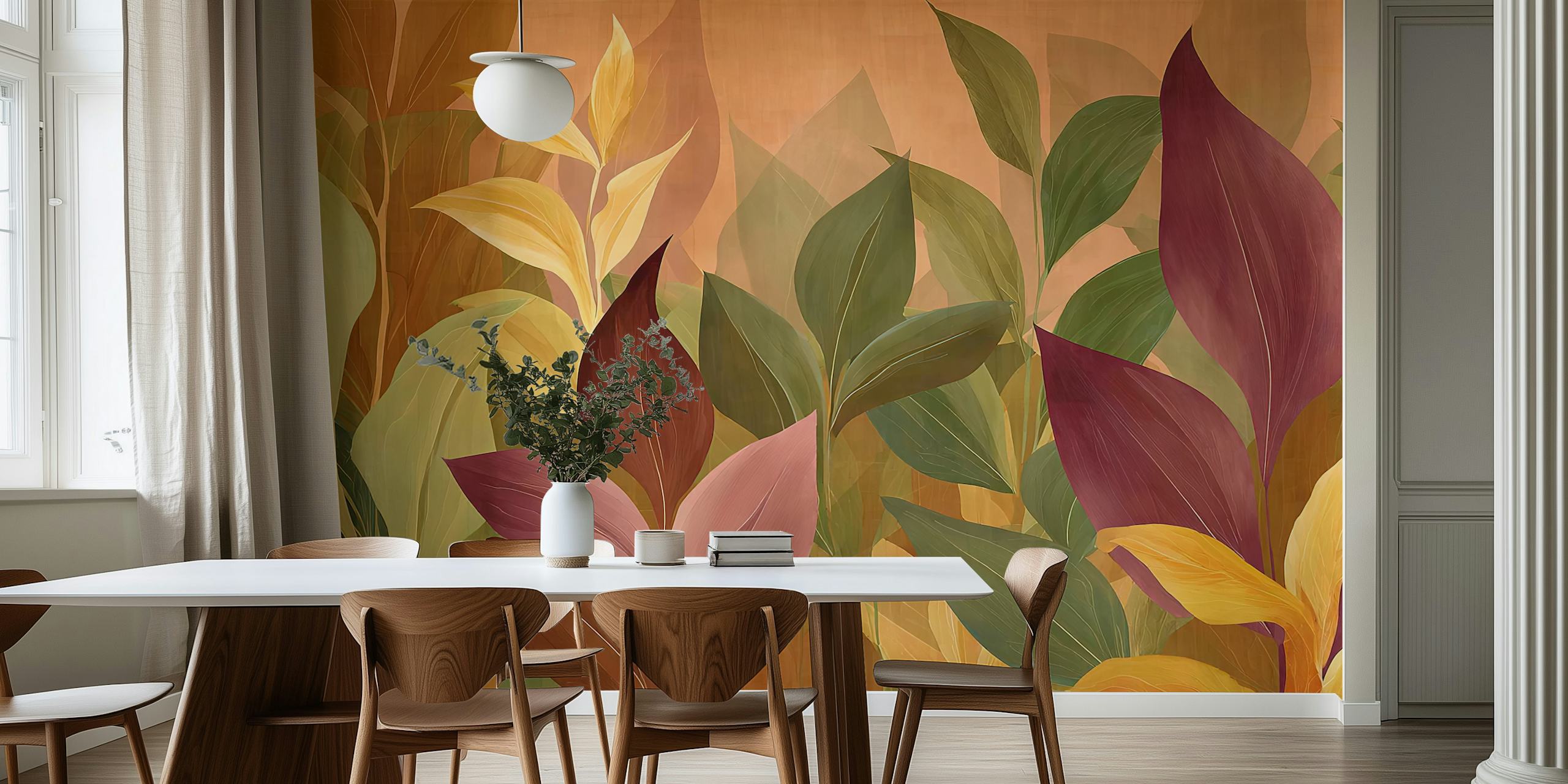 Vele herfstbladeren in warme kleuren zoals groen, bruin en rood, modern wallpaper