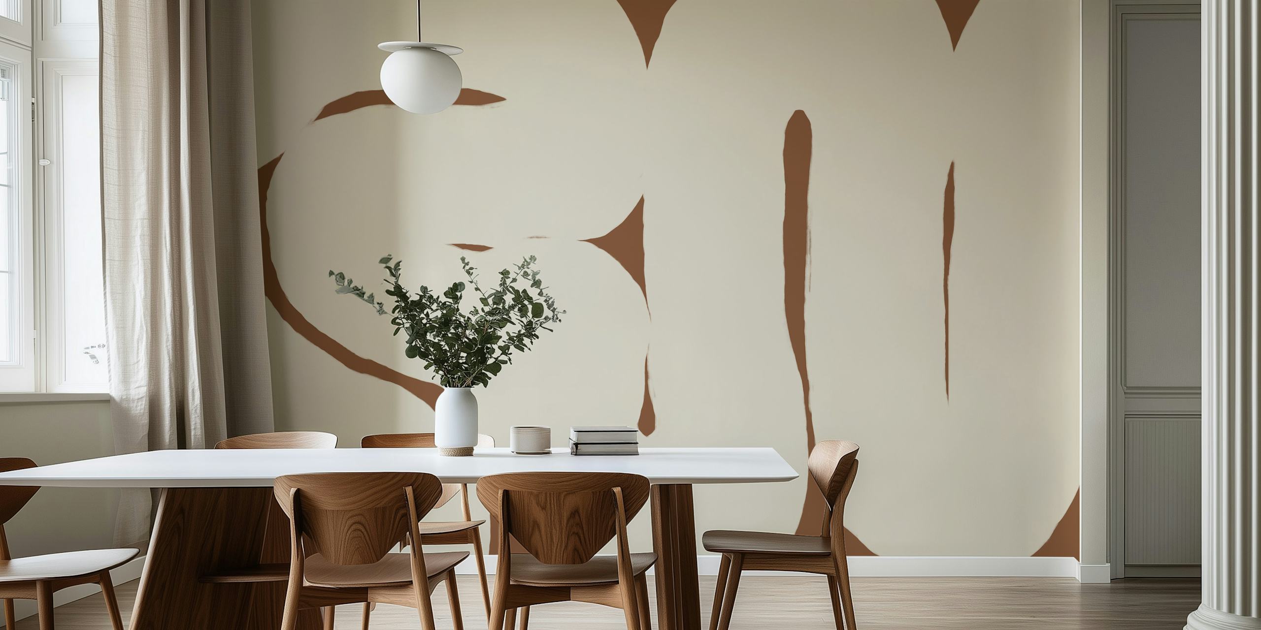 Beige wallpaper with smooth, minimalist curved lines.