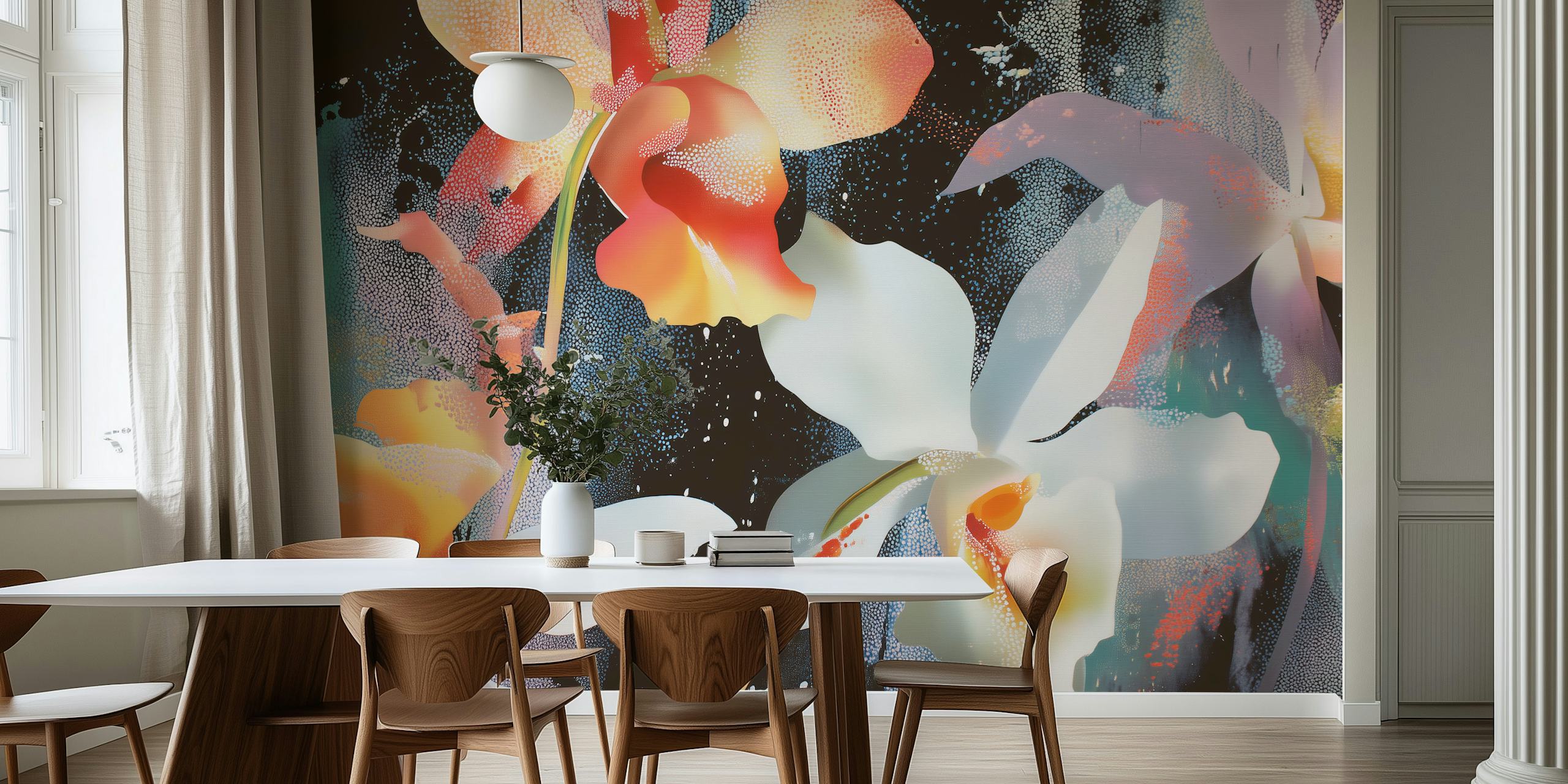 Hawaiian floral burst wallpaper with white and orange flowers on a black background