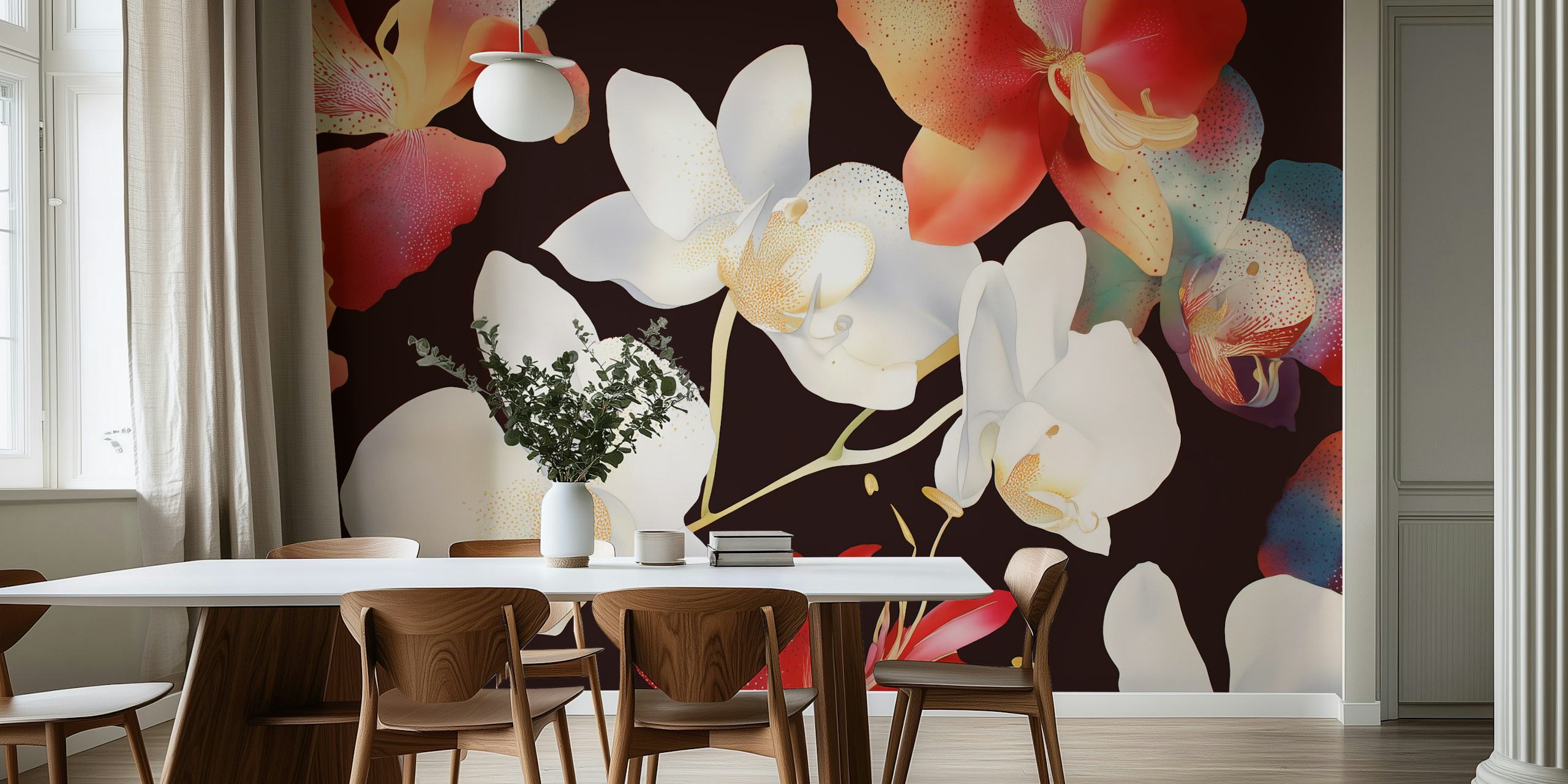 Orchid Dreamscape Art papel de parede em configuração de quarto