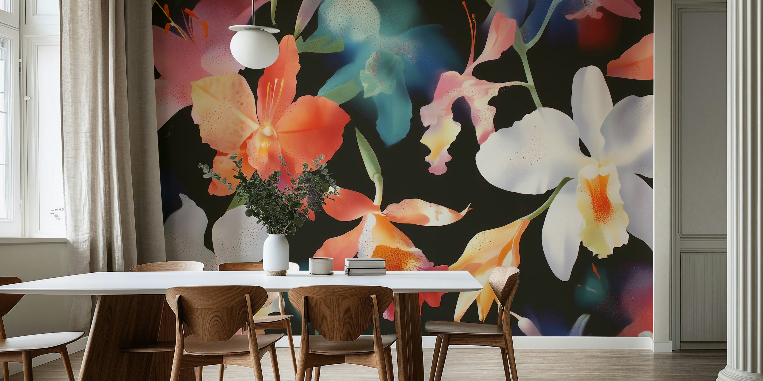 Colorful tropical floral elements on black background wallpaper