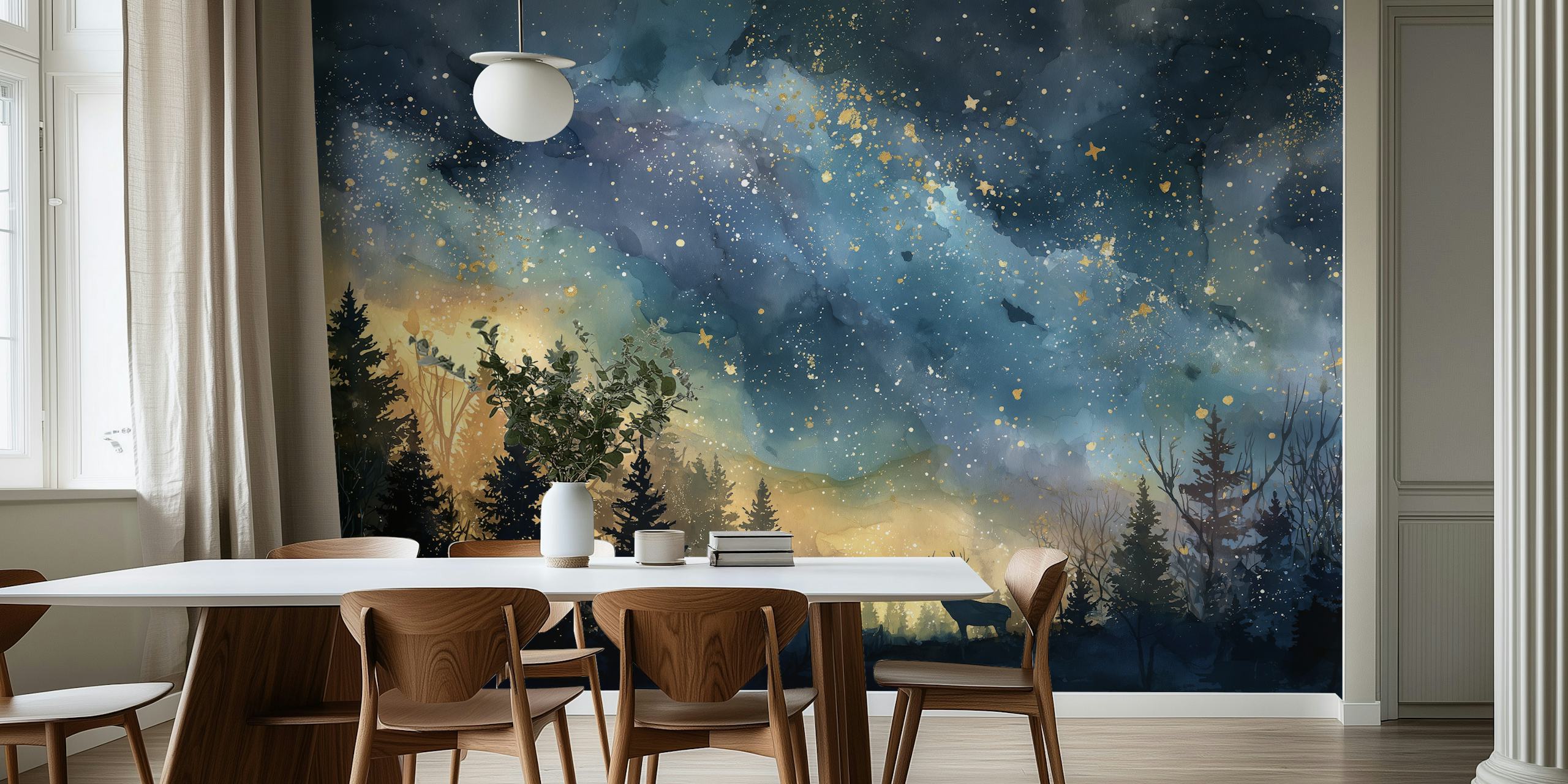 Dark forest and starry night sky wall mural in blue and gold tones