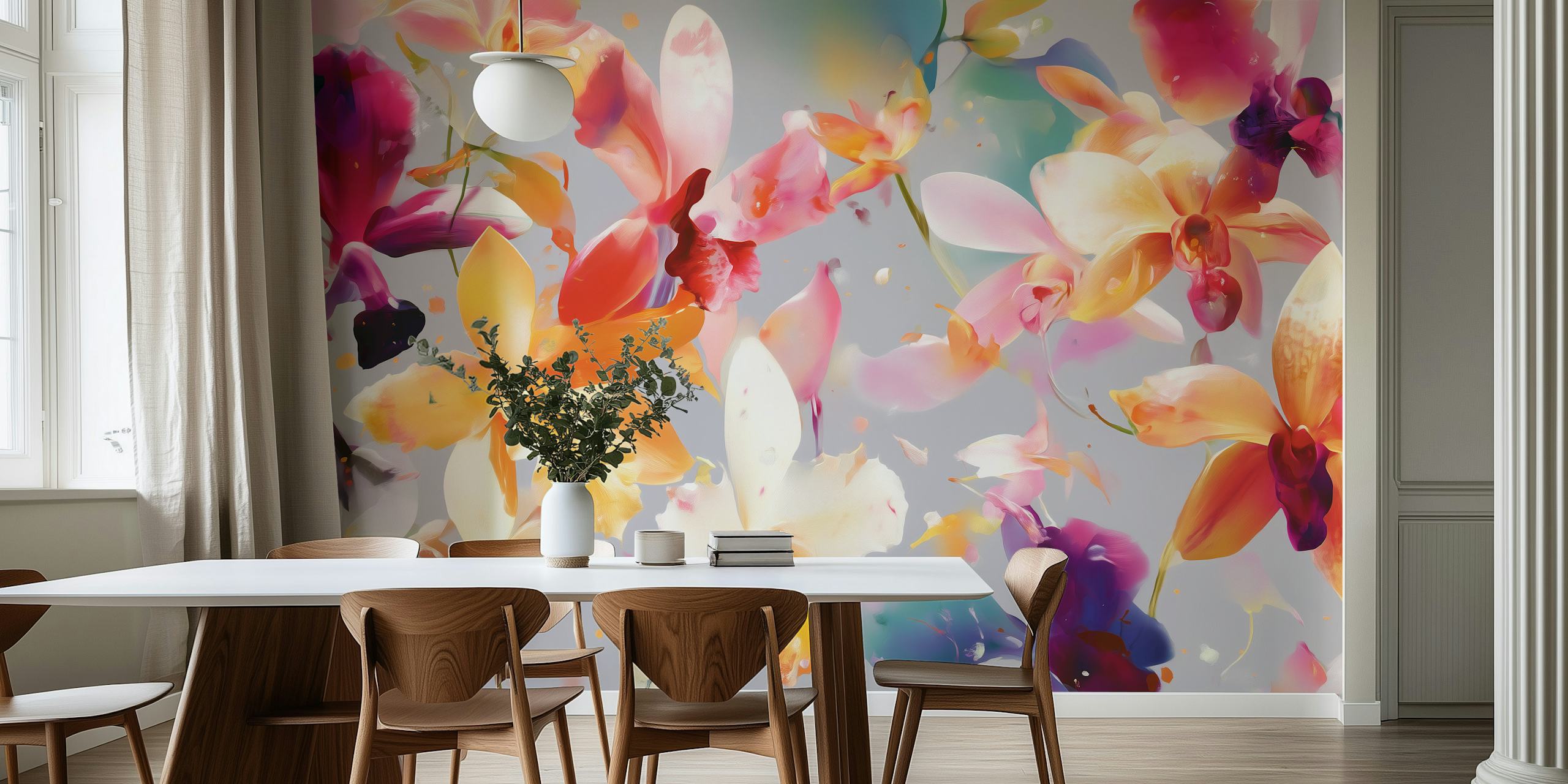 Vibrant orchid blooms wallpaper in a room