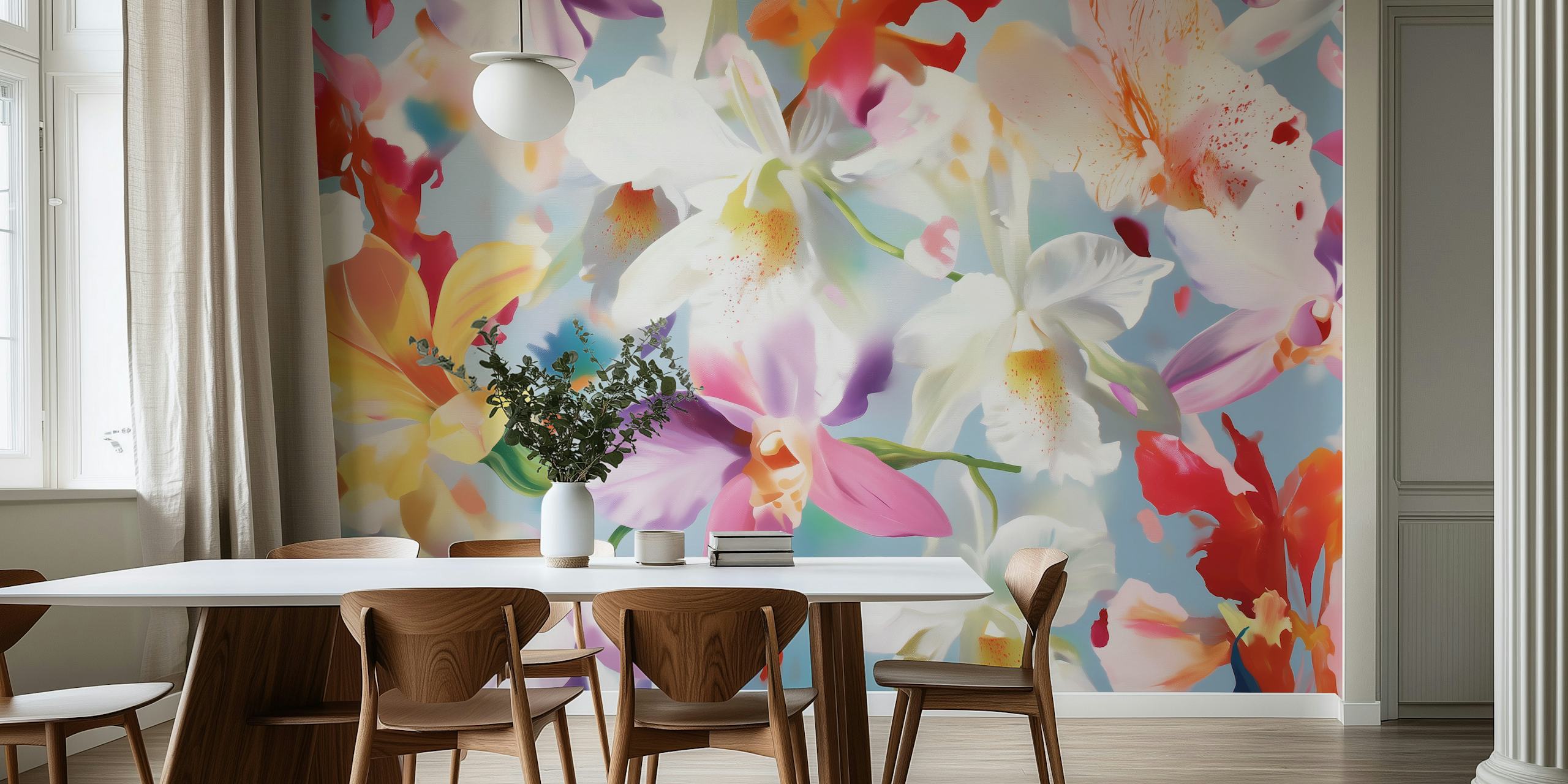 Colorful orchids in pink, white, and yellow on blue background wallpaper