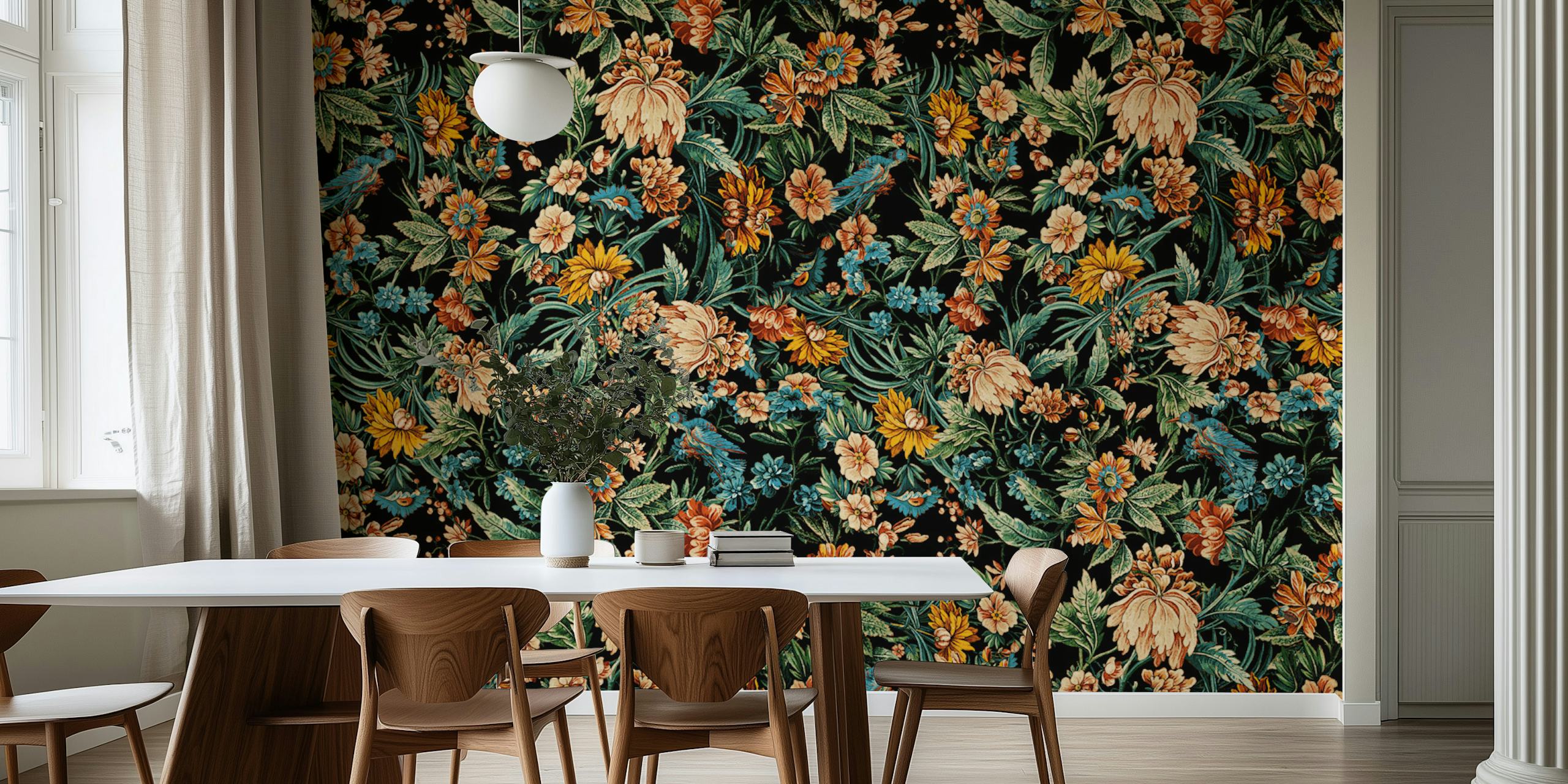 Floral and birds pattern wallpaper in a room